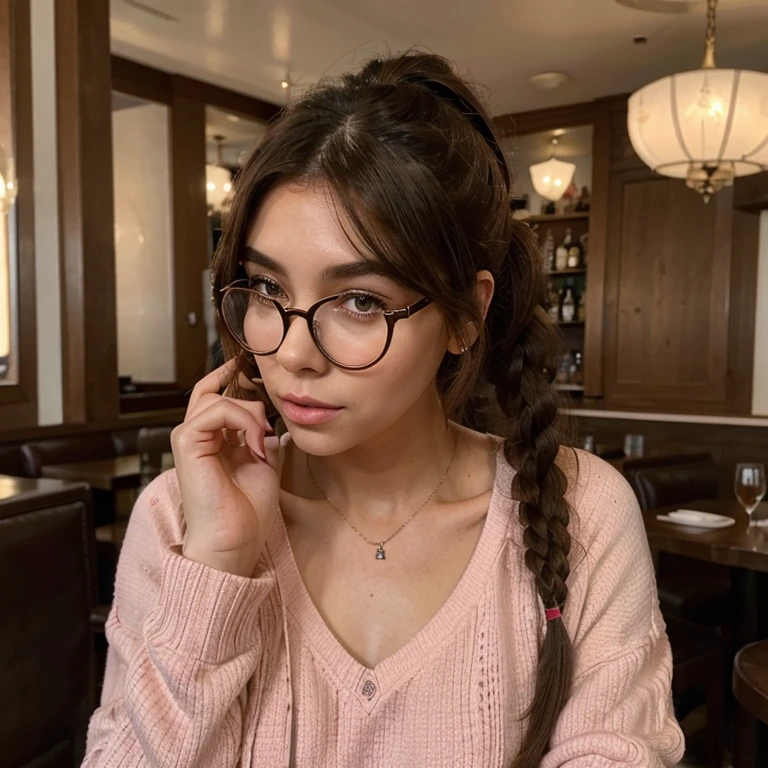 the entire body from head to toe is recommended. And a woman with brown hair in restaurant whit a cocktail ,:: ,:: madison beer, streaming, pigtail, photorealistic - h 6 4 0, 🎀 🧟 🍓 🧚, see, live2d, looks like laura barriales, —ar 16:9, sam nassour, 5 0 s, insanely cute, in france, straight eyebrows, red pull over and black glasses