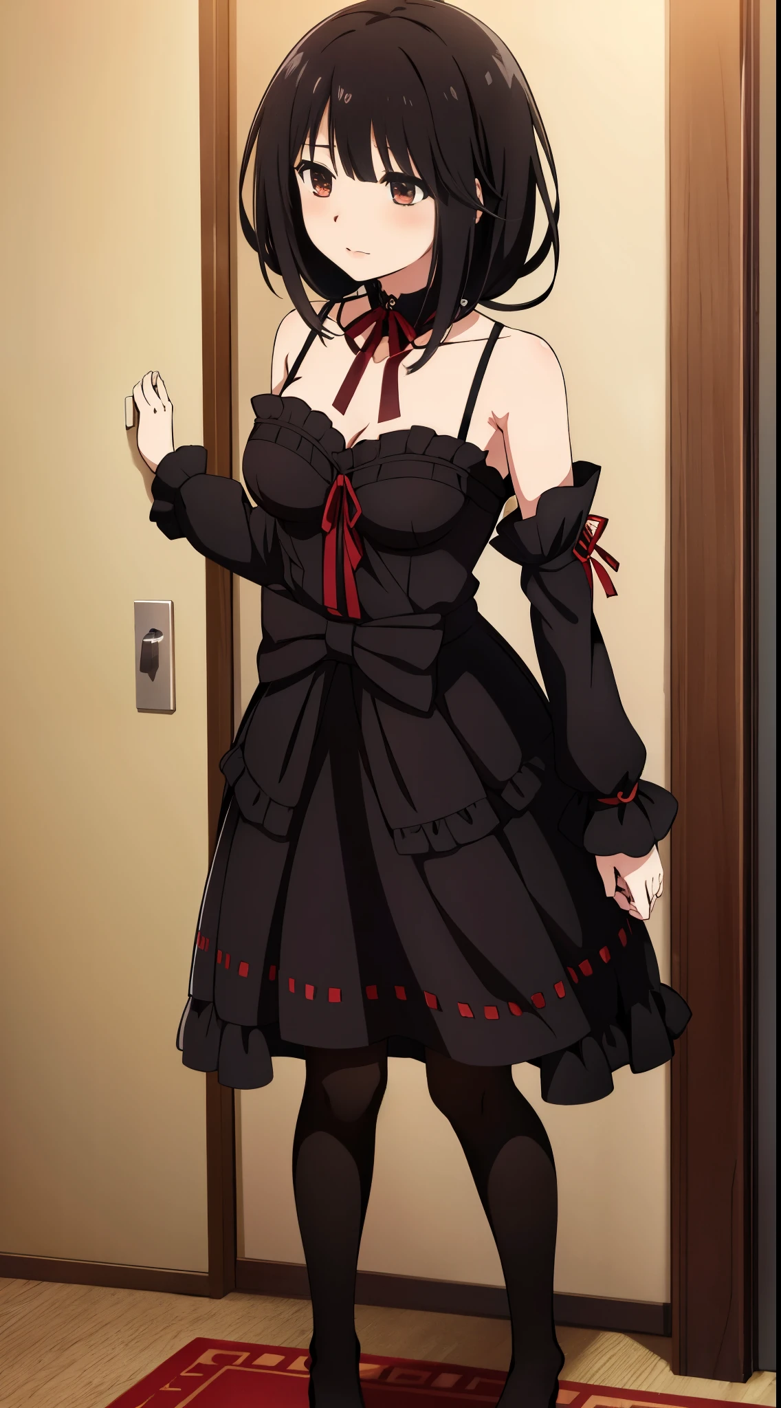 1girl, solo, Kurumi tokisaki in dress, one eyed covered in hair, black hair, beautiful kurumi tokisaki maid standing in the balcony, waiting at the door, mouth opened 🥺, little blush, she is soooo adorable, cam focus full body, she is wearing black stockings without shoes, city behind the balcony, cheeks are adorable, eyes are too much adorable