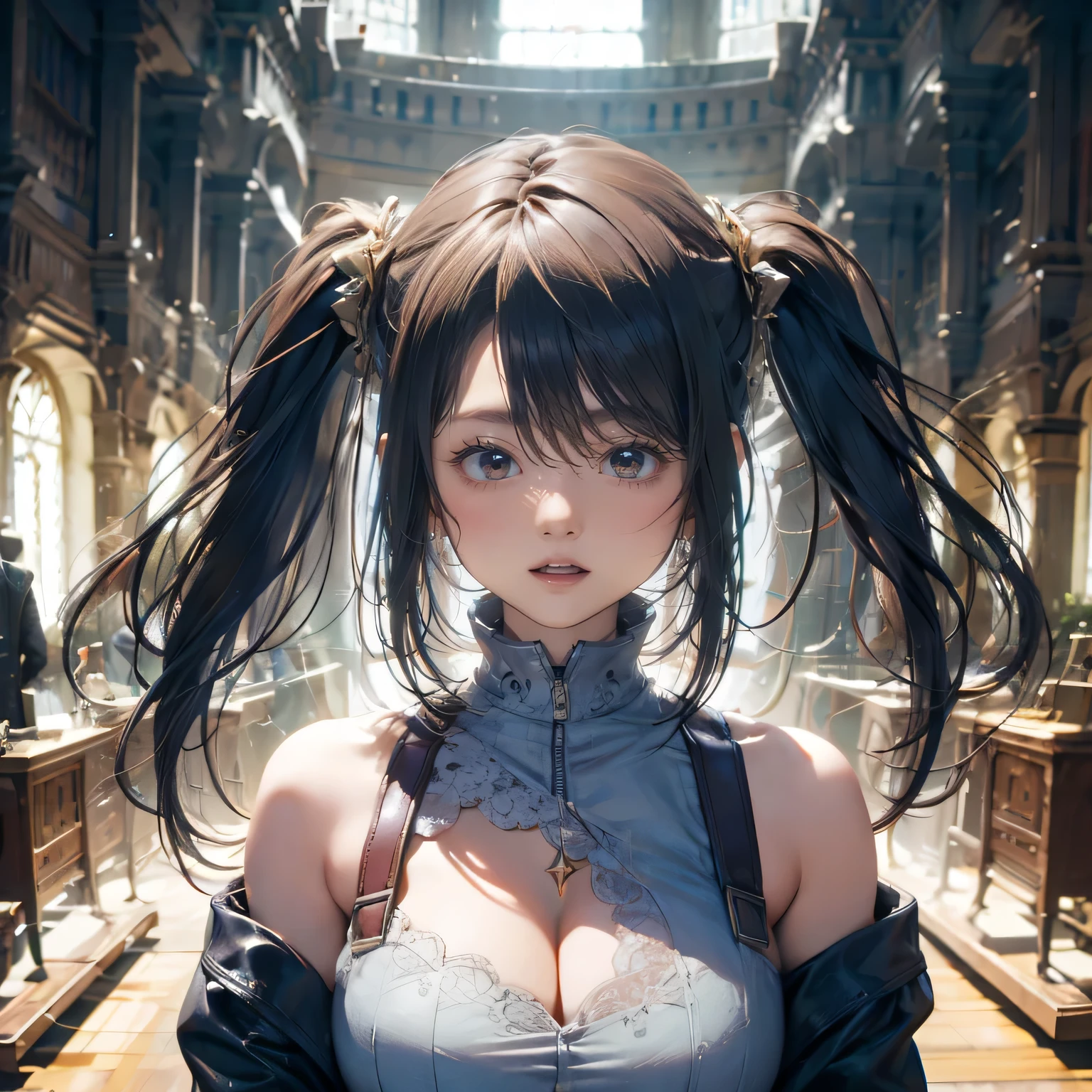 looking away, aerial angle, (mechanical, complex body), (huge god's weapon has female face embedded), drooping eyes, blush, sleepy, open mouth,