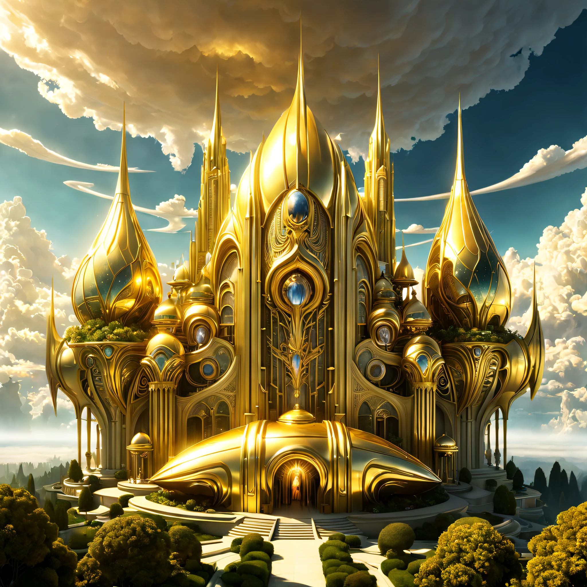 fantasia, ((In the style of Greg rutkowski)), Anjos Celestiais, ((new sky, Nova Terra)), ((Futuristic architecture)): Heavenly Mansions of Gold and Crystal rising above vibrant forests, inhabited by magical creatures and light energy. The crystal rooftops reflecting the ouroen sunrays, casting a light show through the landscape. fantasia: ((Greg rutkowski style)), ((clouds in the sky)), ((Futuristic architecture)), Glory of God, Poder e Honra, (army of angels), (retrofuturism), (Cottagecore), ( all of pure ouro), ((inspirado em H.r. Giger)), (fog near the ground, rolando ao longe), ((esplendor glorioso rolando)), Celestial City of Gold and resplendent Crystal fantasia: ((Greg rutkowski style)), ((clouds in the sky)), ((Futuristic architecture)), Glory of God, Poder e Honra, (army of angels), (retrofuturism), (Cottagecore), ( all of pure ouro), ((inspirado em H.r. Giger)), (fog near the ground, rolando ao longe), ((altura igual, comprimento, e largura)), ((esplendor glorioso rolante)), Cidade Celestial de Ouro e cristal resplandecente /imagine prompt: Uma cidade gigantesca, (spaceship), (Forma do cubo), ((ouro and crystal)), (Futuristic Architecture,the Middle East), ((Jardins suspensos)), damask pattern, ouro, jade, jaspe, quartzo, rose ouro, safira, akos maior, aerial photography, tiro de corpo inteiro, fantastical realism, angelcore, hiper realismo, brilho sonhador, refletor /imagine prompt: Uma cidade gigantesca, (spaceship), (Forma do cubo), ((ouro and crystal)), (Futuristic, the Middle East architecture), (Jardins suspensos), (Torres muito altas), damask pattern, ouro, jaspe, safira, quartzo, rose ouro, akos maior, aerial photography, tiro de corpo inteiro, fantastical realism, ouroen hour fantasia: ((Greg rutkowski style)), ((clouds in the sky)), ((Futuristic architecture)), (Inspired by the Middle East architecture), Glory of God, Poder e Honra, (army of angels), (retrofuturism), (Cottagecore), ( all of pure ouro), ((inspirado em H.r. Giger)), (fog near the gro