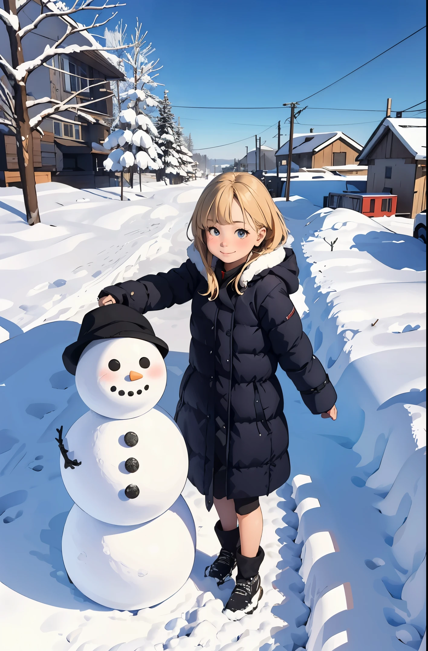 Perfect picture,,(Two Girls){girls in down coats}{Russians,A city covered with snow}(make a snowman){Beautiful }{hedonism},{Powder snow,kou},8 years old girl,4K picture quality, Cinematic,,{Gamine},{small body and chest,} Longhaire,a blond,cute expression,face perfect,｛girl showing a smile｝(Full body photo)