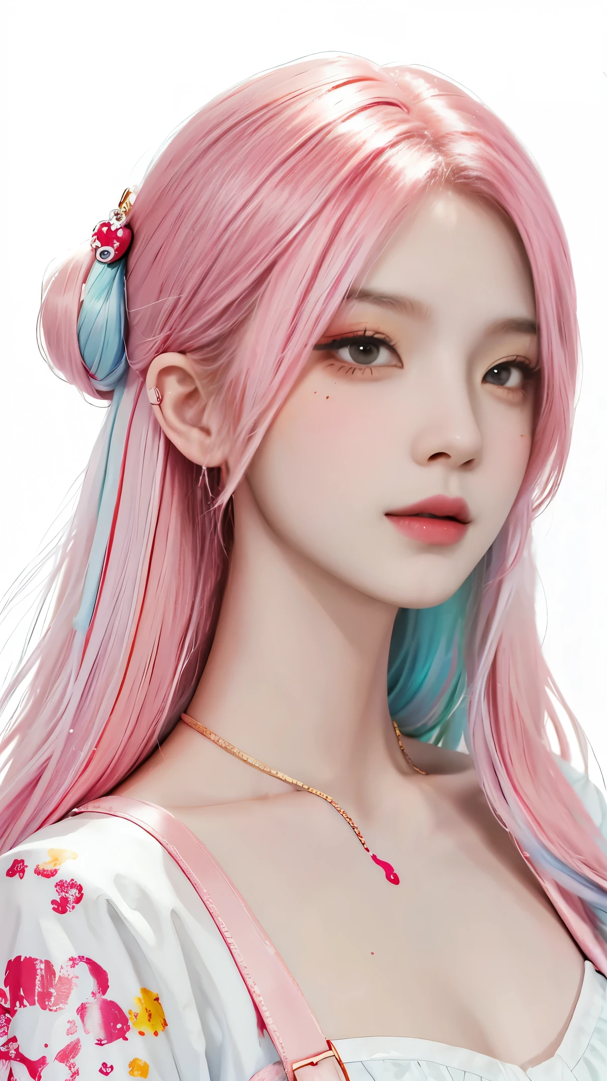 (tmasterpiece、best qualtiy、A high resolution),white backgrounid,((paint splatter,splash of color,Splash ink、Color splattering)),Sweet Chinese girl,rainbow hair,Pink liprontage,The upper part of the body,The expression is charming,the detail,high light,tear-mole,Tattooed with,Flirtatious