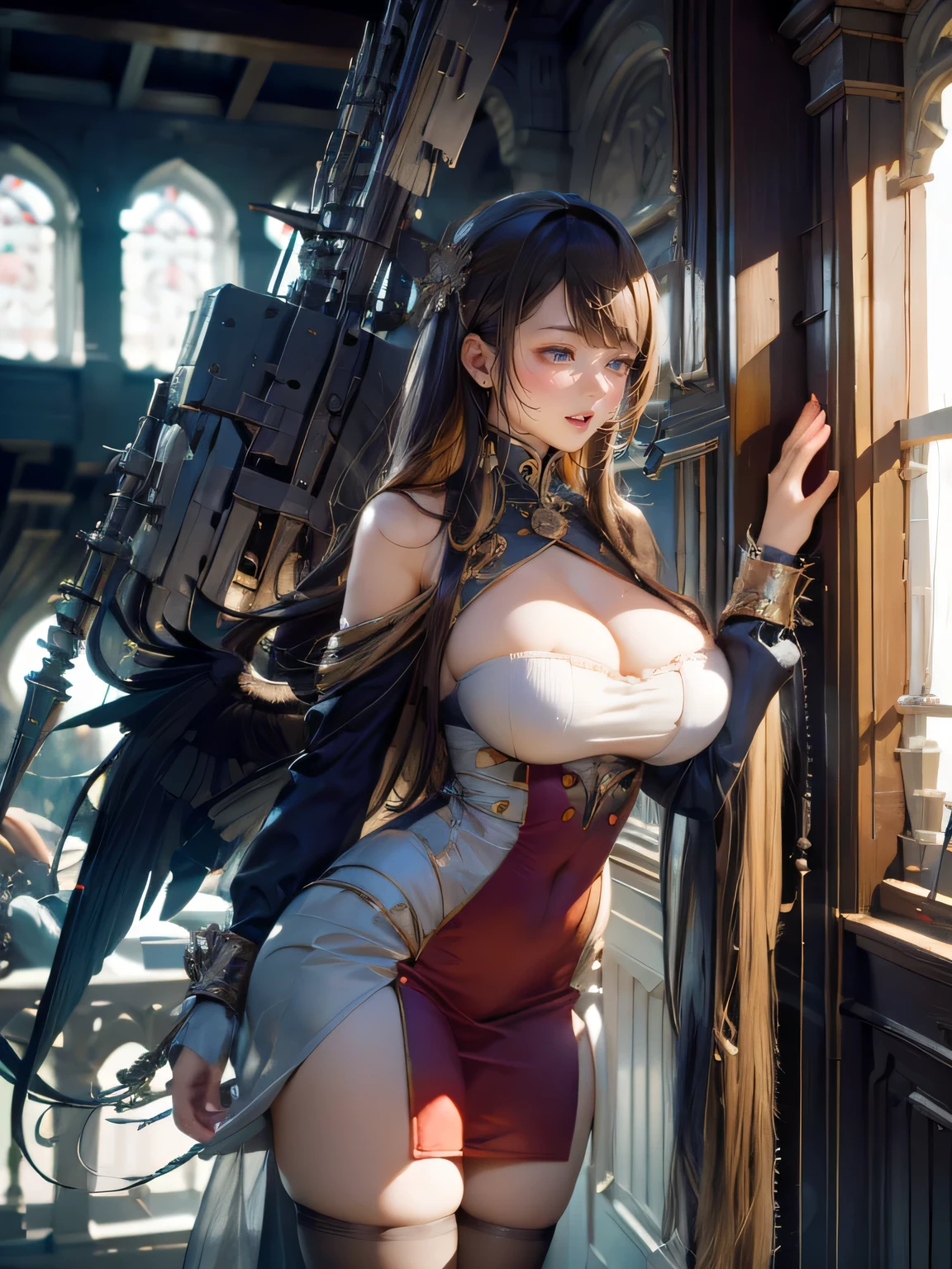 looking away, aerial angle, (mechanical, complex body), (huge god's weapon has female face embedded), drooping eyes, blush, sleepy, open mouth,