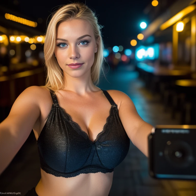 (Selfie, Draufsicht: 1.4), (straight half of the body: 1.4), RAW UHD portrait photo of a 24-year-old blonde (Blue-eyed woman) In einer Bar , big boobs,, Stadt bei Nacht, (Rock), (Ausschnitt), Details (Gewebe! , Haar! , Glitzer, Farbe!! , Benachteiligungen: 1.1), shiny eyes with high level of detail (Blick in die Kamera), SLR-Beleuchtung, Spiegelreflexkamera, ultra quality, Sharpness, Depth of field, Filmkorn (Mitte), Fujifilm XT3, kristallklar, Rahmenmitte, Beautiful face, Scharfer Fokus, Streetlight, Neonbeleuchtung, bokeh (schwach beleuchtet), Nacht, (Nachthimmel), Detaillierte Hautporen, Oily skin, Sonnenbrand, Komplexe AugenDetails, full entire body, big boobs,beach