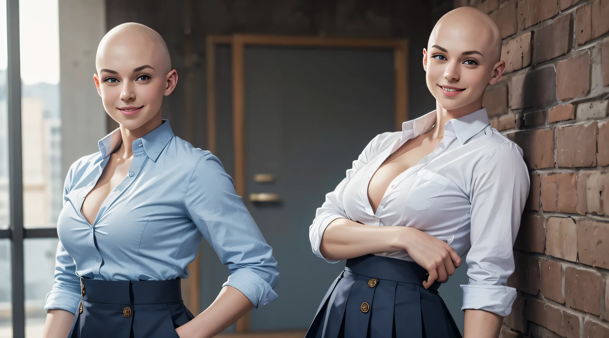 A beautiful young white girl, bald, shaved head, smiling, muscular, strong, school uniform, light blue button down shirt, open collar, rolled folded sleeves, cleavage, pockets, dark skirt, gym