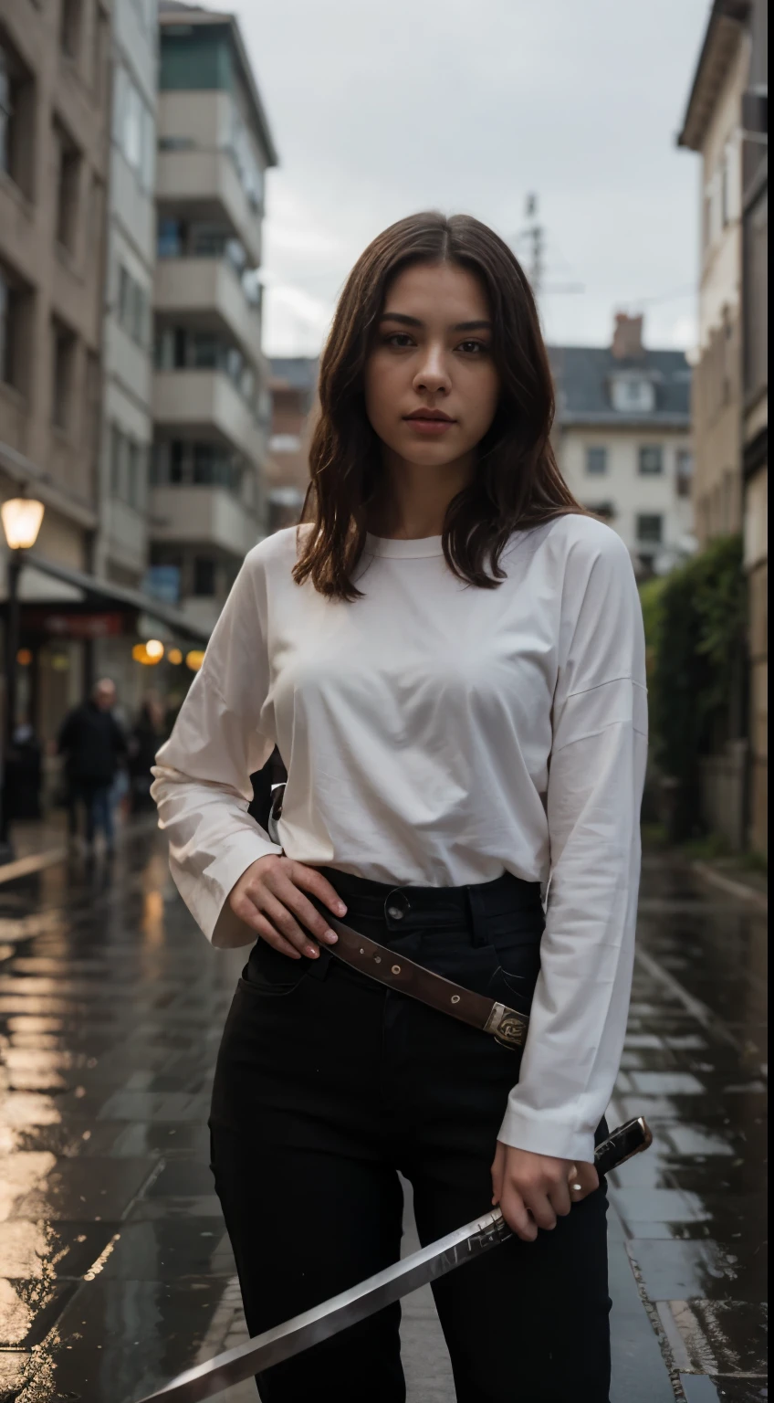 ((best quality)), ((masterpiece)), (detailed), perfect face, a beautiful woman holding katana sword, rainy background, realistic