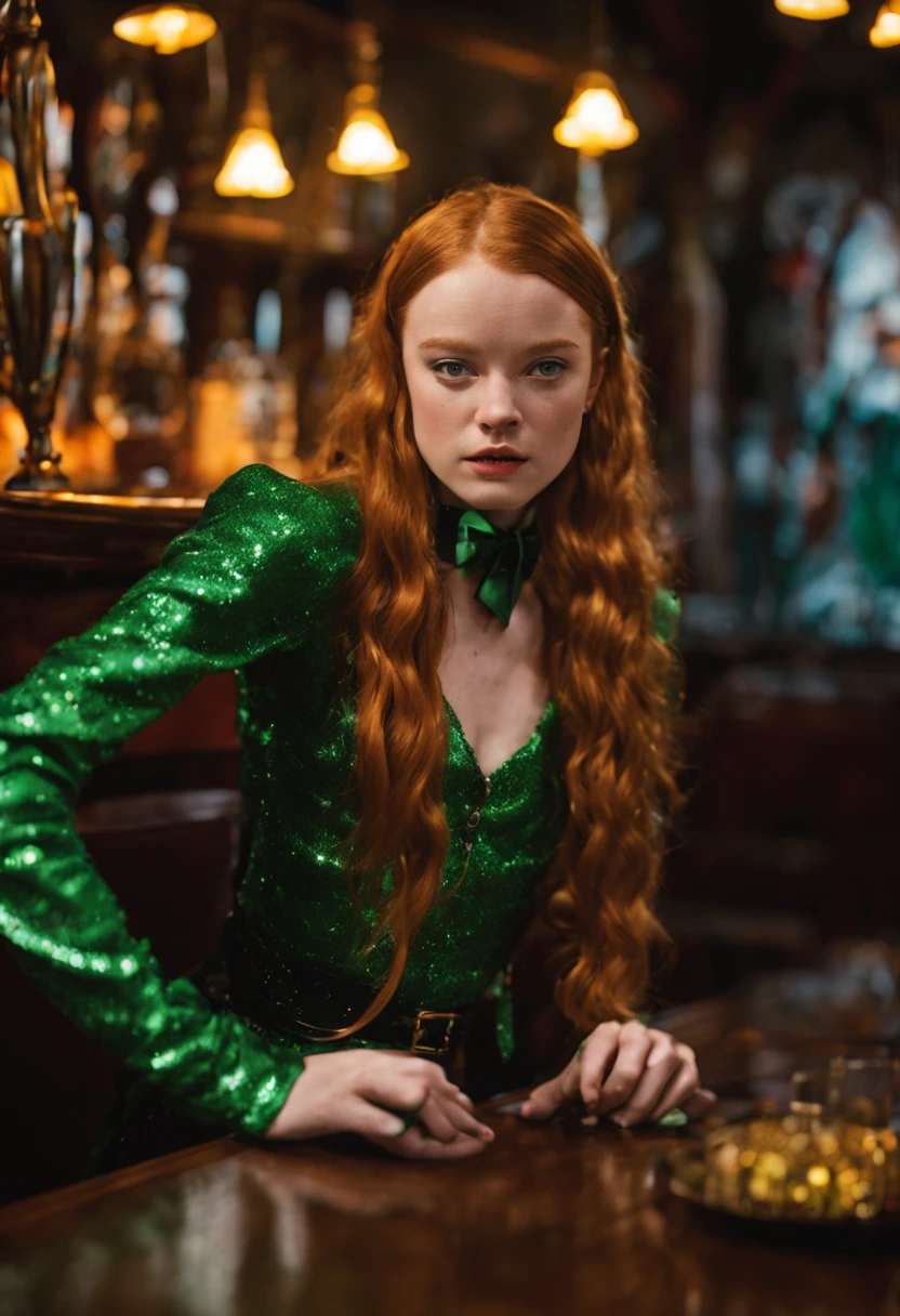 Sadie Sink in an erotic  St.Patrick outfit with satin suspender, shiny,glitter and glimmer, high detailed, photo,different erotic modelpositions in an irish pub in Scotland,dynamic lights, 4 k