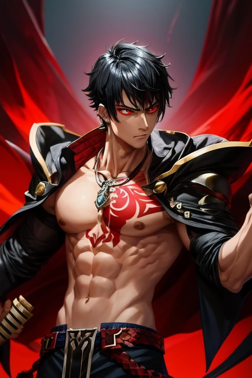 I want a character who is 1.78 tall with black hair cut in the add grenore (Doom Bringer) style from Elsword and who has abs similar to the Garou from One Punch Man, I also want red eyes and for him to look like a delinquent who has a snake tattoo on his neck