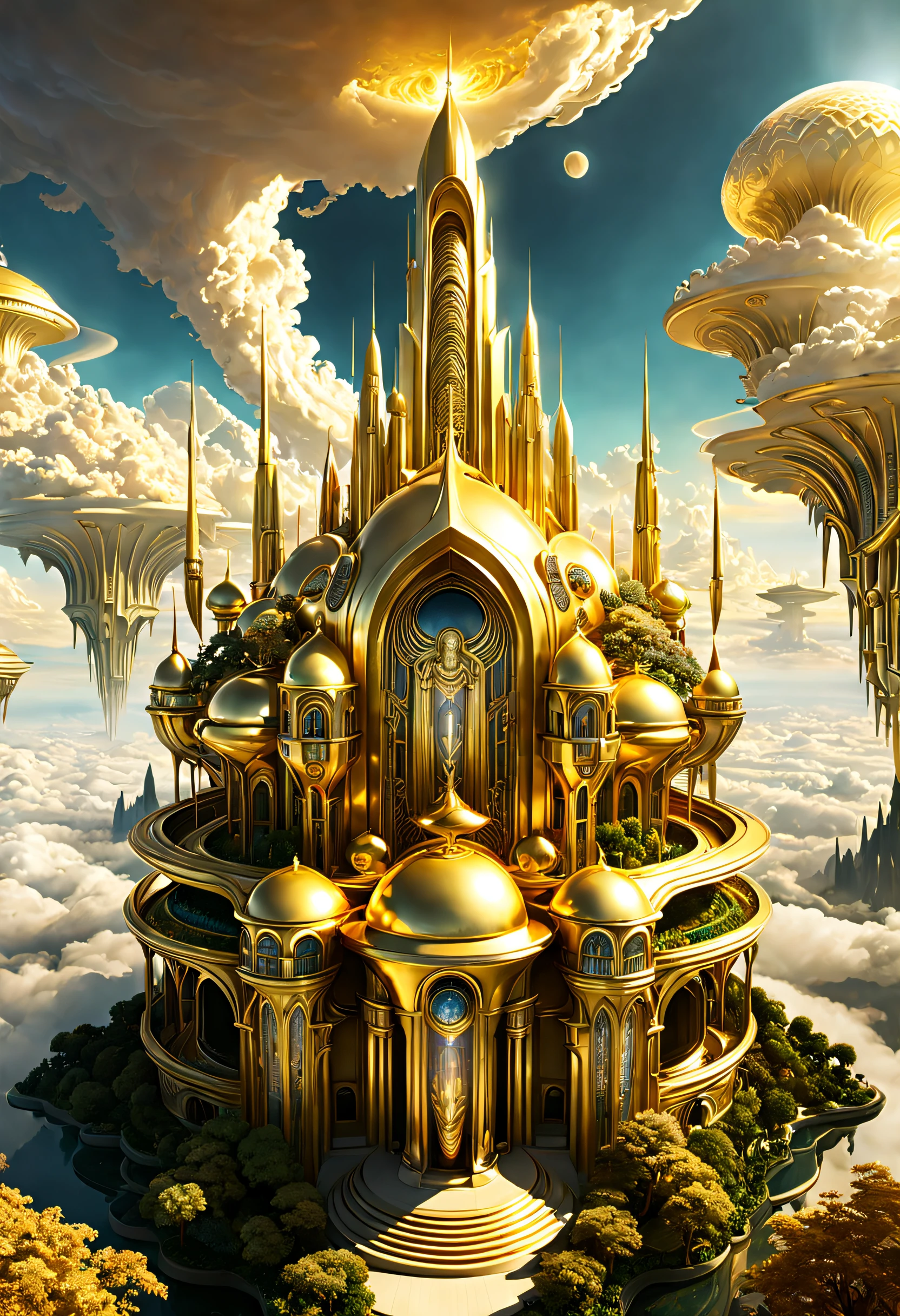 fantasia, ((In the style of Greg rutkowski)), Anjos Celestiais, ((new sky, Nova Terra)), ((Futuristic architecture)): Heavenly Mansions of Gold and Crystal rising above vibrant forests, inhabited by magical creatures and light energy. The crystal rooftops reflecting the ouroen sunrays, casting a light show through the landscape. fantasia: ((Greg rutkowski style)), ((clouds in the sky)), ((Futuristic architecture)), Glory of God, Poder e Honra, (army of angels), (retrofuturism), (Cottagecore), ( all of pure ouro), ((inspirado em H.r. Giger)), (fog near the ground, rolando ao longe), ((esplendor glorioso rolando)), Celestial City of Gold and resplendent Crystal fantasia: ((Greg rutkowski style)), ((clouds in the sky)), ((Futuristic architecture)), Glory of God, Poder e Honra, (army of angels), (retrofuturism), (Cottagecore), ( all of pure ouro), ((inspirado em H.r. Giger)), (fog near the ground, rolando ao longe), ((altura igual, comprimento, e largura)), ((esplendor glorioso rolante)), Cidade Celestial de Ouro e cristal resplandecente /imagine prompt: Uma cidade gigantesca, (spaceship), (Forma do cubo), ((ouro and crystal)), (Futuristic Architecture,the Middle East), ((Jardins suspensos)), damask pattern, ouro, jade, jaspe, quartzo, rose ouro, safira, akos maior, aerial photography, tiro de corpo inteiro, fantastical realism, angelcore, hiper realismo, brilho sonhador, refletor /imagine prompt: Uma cidade gigantesca, (spaceship), (Forma do cubo), ((ouro and crystal)), (Futuristic, the Middle East architecture), (Jardins suspensos), (Torres muito altas), damask pattern, ouro, jaspe, safira, quartzo, rose ouro, akos maior, aerial photography, tiro de corpo inteiro, fantastical realism, ouroen hour fantasia: ((Greg rutkowski style)), ((clouds in the sky)), ((Futuristic architecture)), (Inspired by the Middle East architecture), Glory of God, Poder e Honra, (army of angels), (retrofuturism), (Cottagecore), ( all of pure ouro), ((inspirado em H.r. Giger)), (fog near the gro