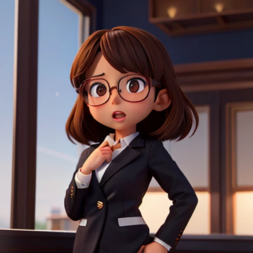 1girl, medium-length brown hair, brown eyes, glasses, open forehead, office outfit, black jacket, white shirt, black skirt, open mouth, no smile, fright