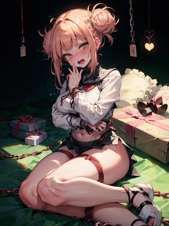 Finnish blonde girl、oilly skin、(Chained shibari:1.2)、obedience、hanged up、Spreading hands、Hands raised、perfect buttocks、Arched back、(dark shot:1.2)、Twin-tailed、(intricate-detail:1.12)、(intricate-detail、ultra-detailliert:1.15)、nffsw、Dungeon、(natta:1.2)、fireplace、Warm light、Dramatic light、film like、(a closeup:1.2)、束缚、BDSM、BDSM Dungeon、Metamorphosis、srestrained、 Tied up、Tied up、srestrainedされた腕、srestrainedされた、srestrainedされた体、bound with chains、hands tied up、blonde  hair、Opened mouth、slight smile、red blush、Himiko Toga、BDSM costume again、vampire teeth、 BDSM、Undressing　barechested　 slave masturbation　ssex　Split abdominal muscles　top-quality　​master piece　Emo　Menhera　(top-quality、hight resolution、8K、​masterpiece:1.2), (realisitic, Photorealsitic:1.3),High refractive index:1.2, film grains, Blurry bokeh:1.2,1girl in, (Vivid colors:1.2), (Delicate), (((terrifying、Overflowing tears、Surprised)))、((Girl lying in a box、Rounded hair、girl in box))、(Curled up、From Side、From  above、tied arms、Arms behind)、(((blindfolds)))、(With my mouth wide open、tongue)、Akkanbe、Semen running down the cheeks、短いTwin-tailed、pigtails hair、ripped clothing、Colossal tits,wetted skin、gargantilha、a choker (gift boxの女の子), full body Esbian, 束缚, in box, bandaged, present、bow ribbon, looking at the viewers, red blush, Toys, garterbelts, Christmas, gift box, hands tied up首, bow ribbon束缚、Heavy cream、srestrained、droolng