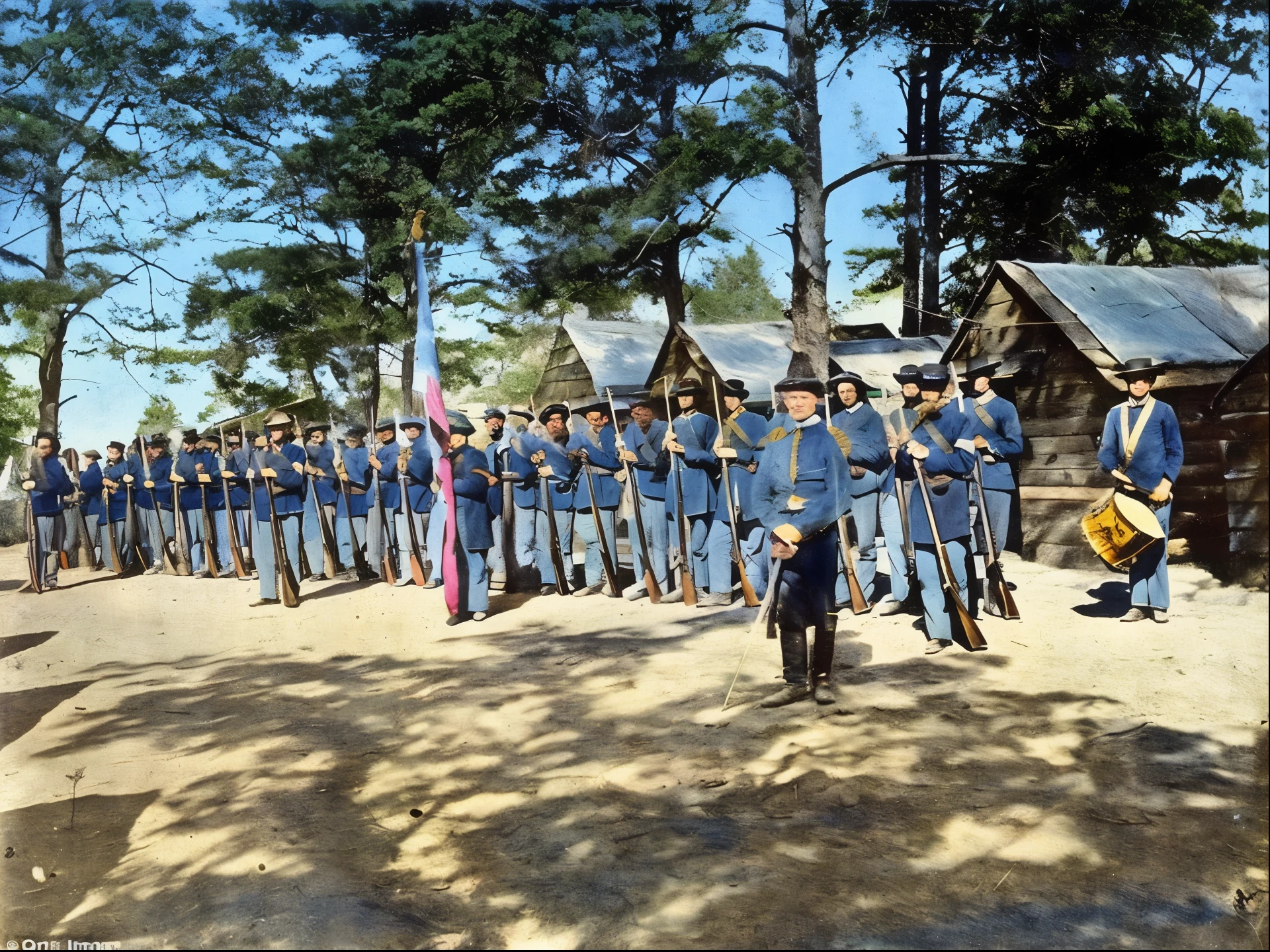soldiers in blue uniforms stand in front of a line of wooden huts, colorized, colorized photograph, colorized photo, award winning colorized photo, historical reenactment, photo in color, a colorized photo, 1863, colored photo, 1865, restored color, 1862, 1 8 6 2, slide show, 1 8 6 0 s