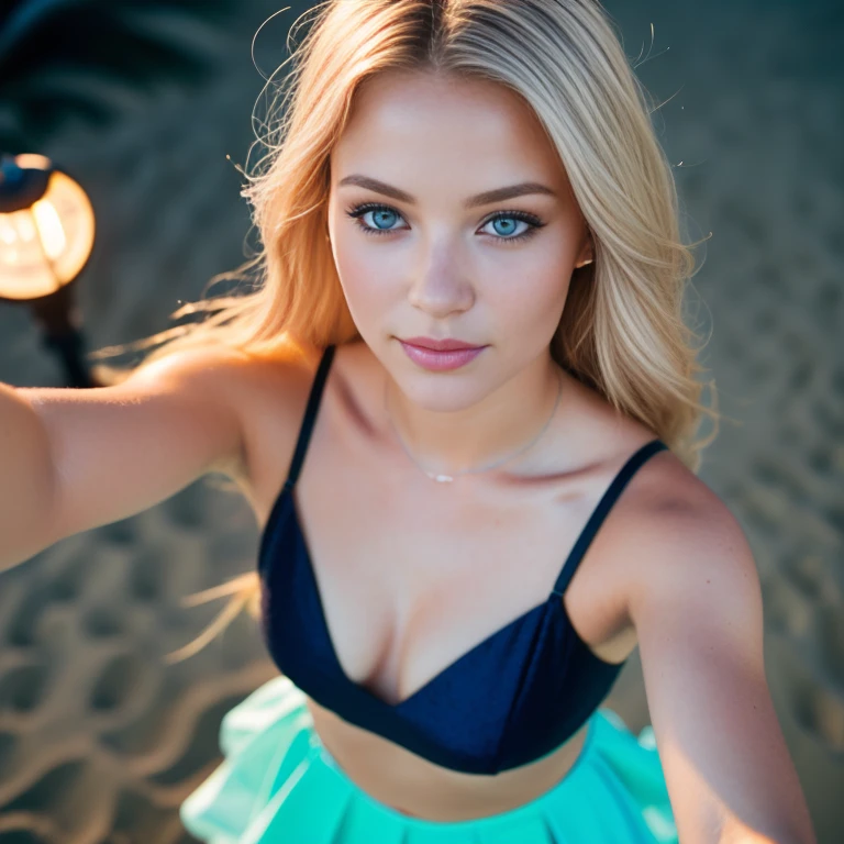 (selfie, top view: 1.4), (straight half of the body: 1.4), RAW UHD portrait photo of a 24-year-old blonde (blue-eyed woman) walking down on the beach, palm trees, (skirt), (neckline), details (textures! , hair! , glitter, color!! , disadvantages: 1.1), glossy eyes with high detail (looking at the camera), SLR lighting, SLR camera, ultra-quality, sharpness, depth of field, film grain (center), Fujifilm XT3, crystal clear, frame center, beautiful face, sharp focus, street lamp, neon lighting, bokeh (dimly lit), night, (night sky), detailed skin pores, oily skin, sunburn, complex eye details, full body, large breasts,beach