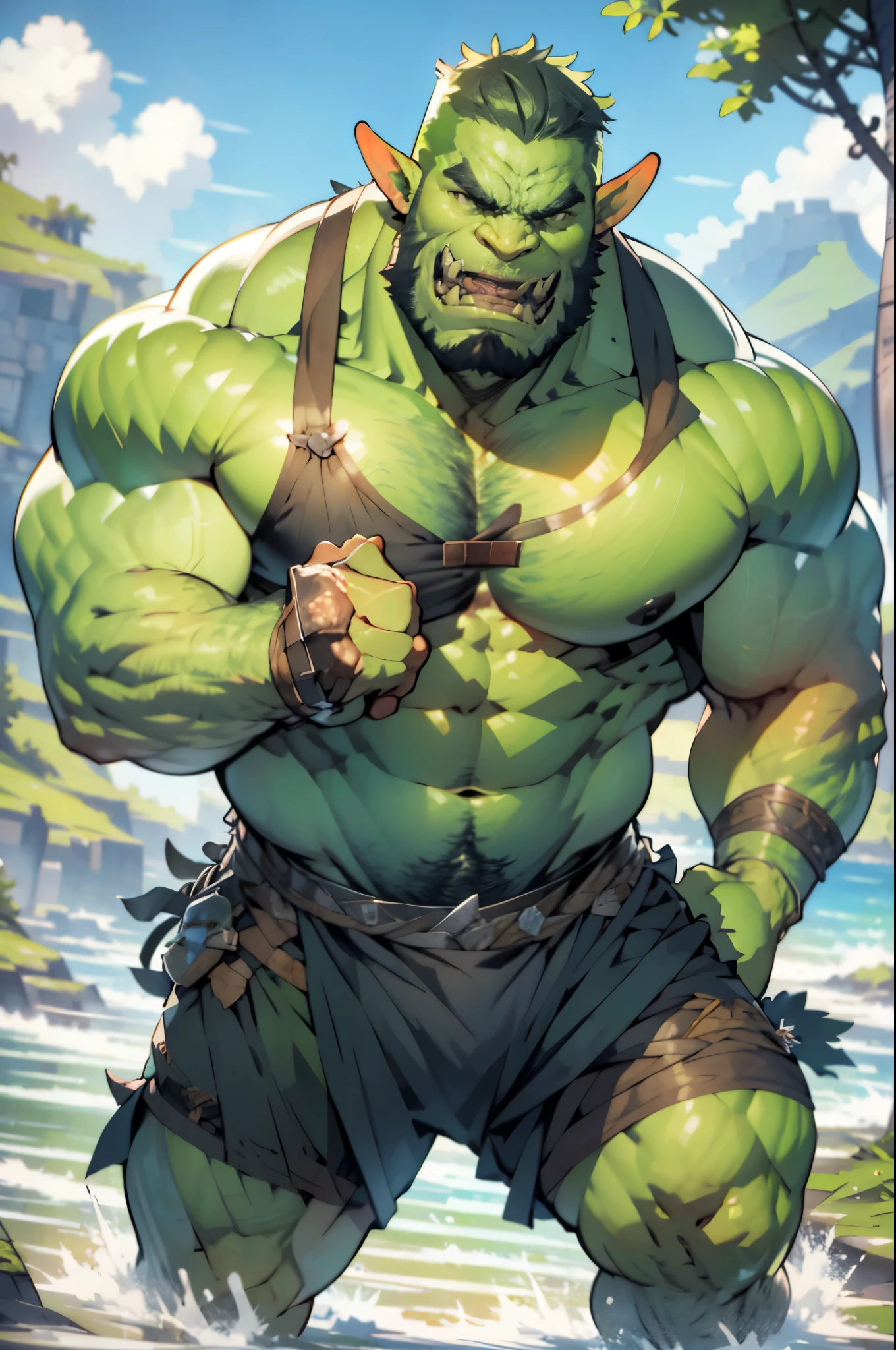 hulk in a bikini with a sword in his hand, orc themed, orc, hulk like physique, grog strongjaw, musclebound and hulking, as an ugly titan, strong and imposing, hulkish, from world of warcraft, orc merged with vines, an orc, from warcraft, hulking, world of warcraft art style, ogre