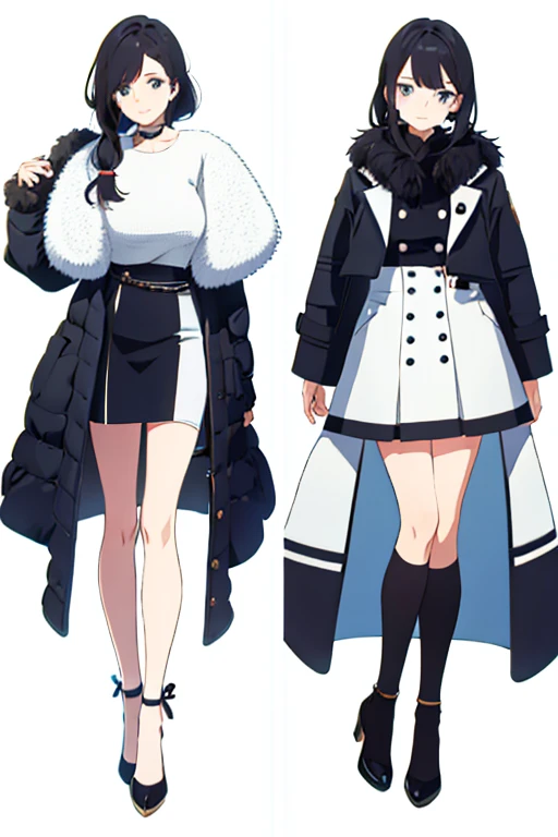 (((Best Quality))) , ((full body)), female, multiple views, white background, variety of hairstyles, variety of fashion styles, seductive pose, fashionable and trendy atmosphere, winter outfits,