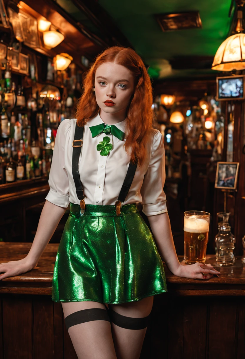 Sadie Sink in an erotic St.Patrick outfit with satin suspender, shiny,glitter and glimmer, high detailed, photo,different erotic modelpositions in an irish pub in Scotland,dynamic lights, 4 k,nsfw