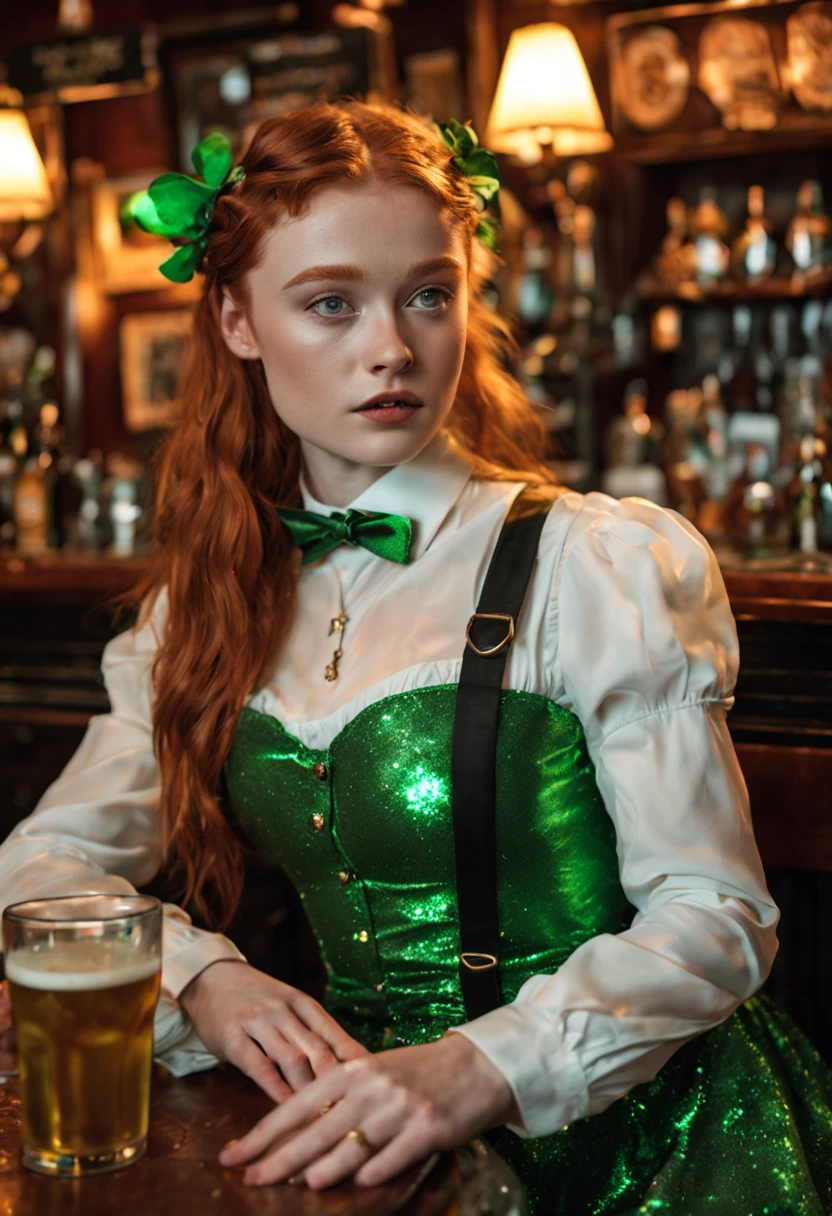 Sadie Sink in an erotic St.Patrick outfit with satin suspender, shiny,glitter and glimmer, high detailed, photo,different erotic modelpositions in an irish pub in Scotland,dynamic lights, 4 k,nsfw
