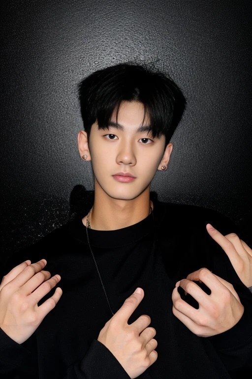 Close-up of a man in a black shirt and black sweater, Kim Do-young, Shin Jinying, Inspired by Zhang Han, Cai Xukun, Inspired by Bian Shoumin, portrait of jossi of blackpink, jinyoung shin aesthetic, Male ulzzang, Soft portrait shot 8 K, bladee from drain gang, 17 years old boy, thin face