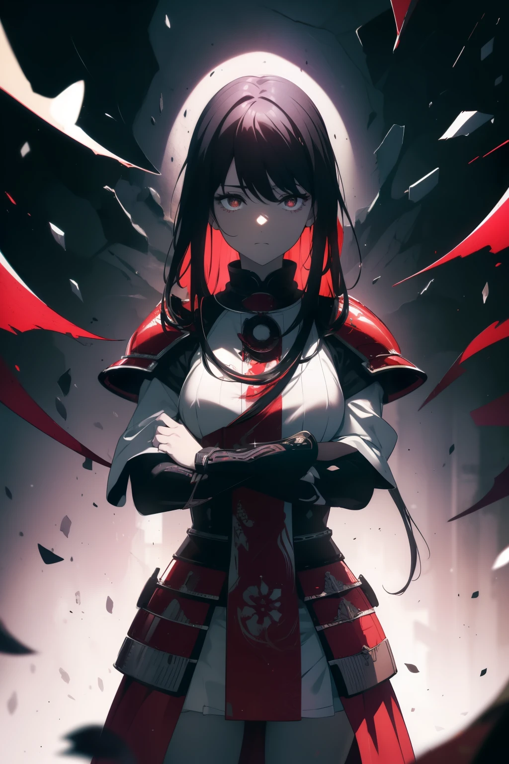 ((((Obra maestra, La mejor calidad, ultrahigh resolution)))), 1girl, happy, ((((standing, wearing red samurai armor, plate armour)))), (black hair, dark black hair over eye:1), long hair cut, pale skin, ((brown eyes)), (glowing_eyes), (((ultra detailed eyes:0.7, beautiful and detailed face, detailed eyes:0.9))), ((centered)), (wide shot), facing viewer, (((outdoors, purple and darkness, black dancing flowers:0.9))), medium breasts, looking at viewer, ((half closed eyes)), ((perfect hands)), (((head:1, arms, hips in view, elbows, thighs, in view))), ((hands at sides)), lively eyes, beautiful lighting, outside, outdoors, background, defined subject, 25 years old, (head tilt), (((cool))), ((lively)), (((high contrast)))