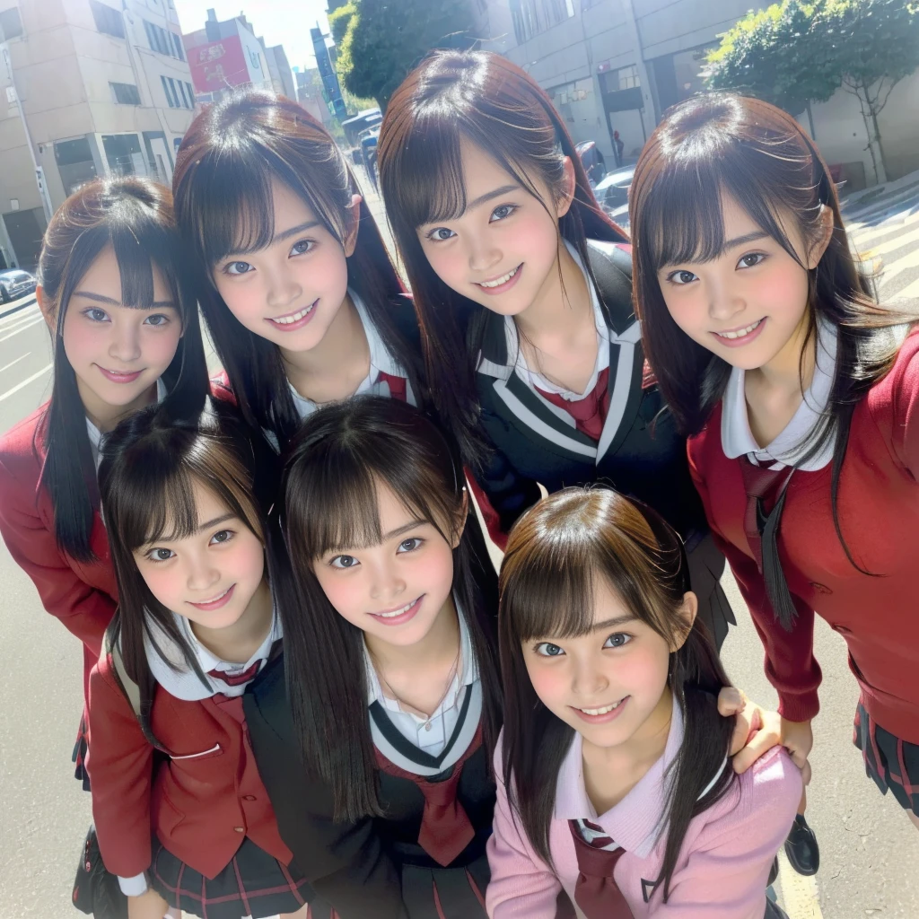 absurdres, Raw photo、(((multiple girls))),((((6+girls)))),((((1000girls)))),(((10000girls)))、((((100000 girls))))、Women only、The same face、((matching school uniform))、(((many girls clinging to each other)))、12 years old、Long black hair、10,000 cute girls going to school、a smile、Commuting to school、School route、In the street、selfee、same person、(((Lots of girls filling the area)))、(((Many girls fill the city)))、a junior high school student