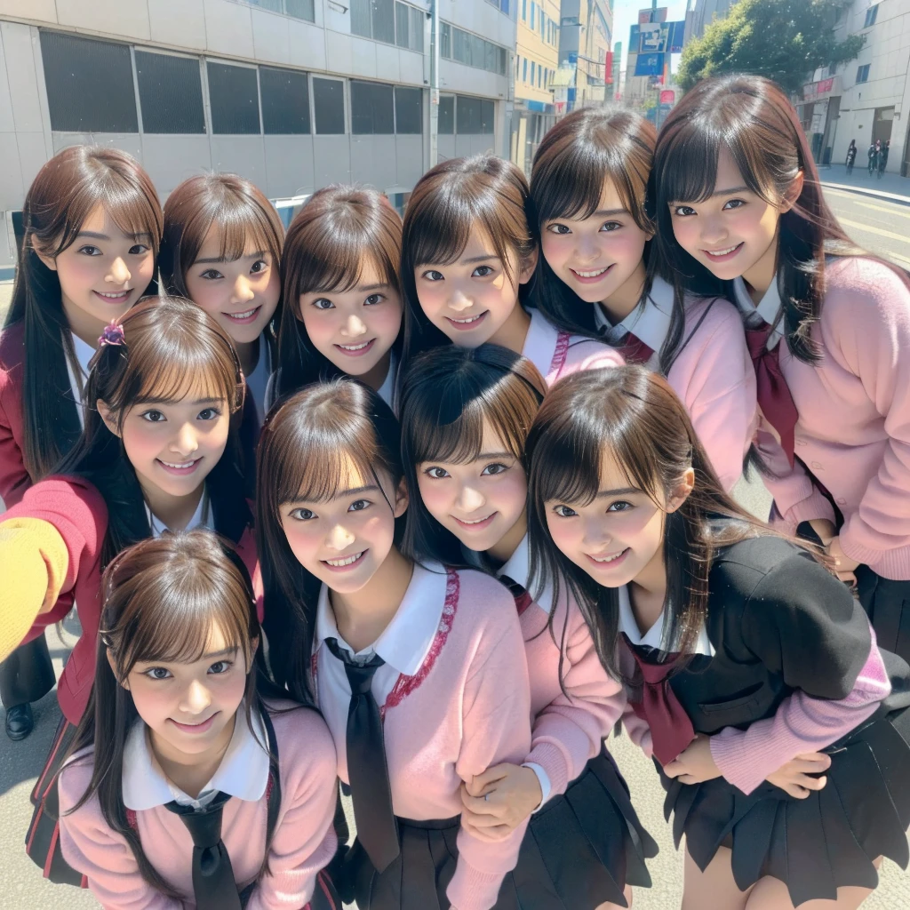 absurdres, Raw photo、(((multiple girls))),((((6+girls)))),((((1000girls)))),(((10000girls)))、((((100000 girls))))、Women only、The same face、((matching school uniform))、(((many girls clinging to each other)))、************、Long black hair、10,000 cute girls going to school、a smile、Commuting to school、School route、In the street、selfee、same person、(((Lots of girls filling the area)))、(((Many girls fill the city)))、a junior high school student