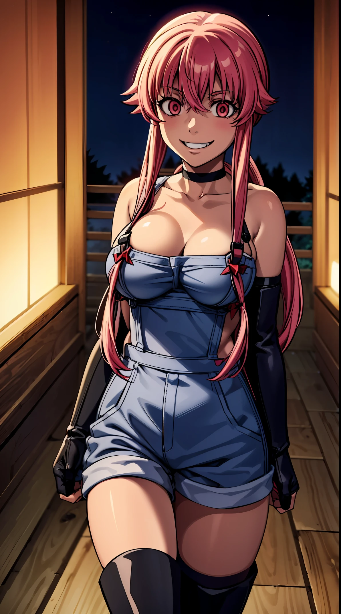 anime_still, masterpiece, best quality, 1girl, Gasai Yuno, long hair, pink hair, low twintails, smile, naked, red eyes, (large breasts:1.5),1girl, black choker, dark grey, overalls, leather gloves, black boots, ((nigth:1.5)), (chasing you through the woods BY yuno gasai), moonlight, blood on floor, horror scane, (evil smile:1.4), (evil eyes:1.6), (horror_movies:1.5), (woods:1.6),(dark:1.7), (out_boors)