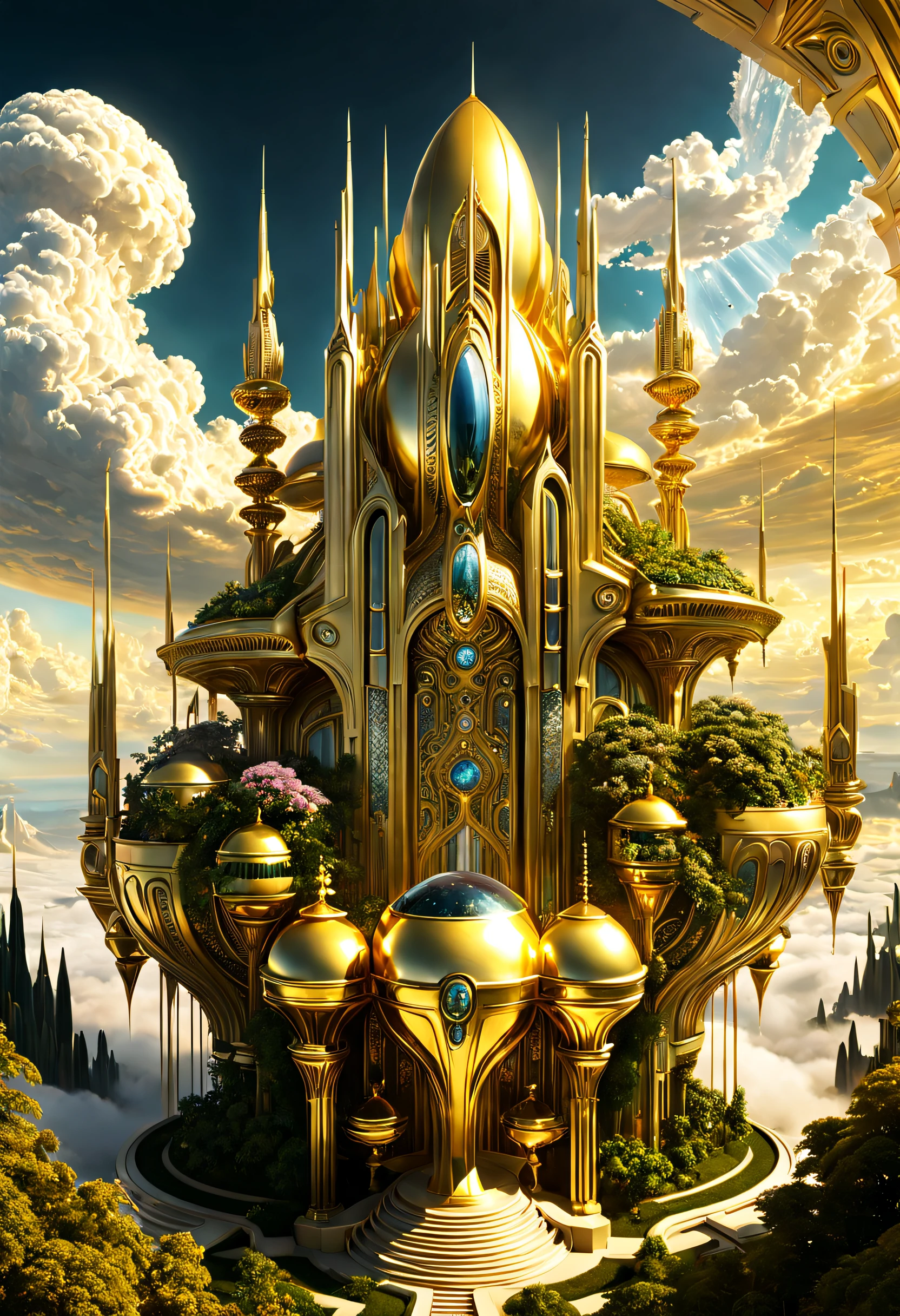 fantasia, ((In the style of Greg rutkowski)), Anjos Celestiais, ((new sky, Nova Terra)), ((Futuristic architecture)): Heavenly Mansions of Gold and Crystal rising above vibrant forests, inhabited by magical creatures and light energy. The crystal rooftops reflecting the ouroen sunrays, casting a light show through the landscape. fantasia: ((Greg rutkowski style)), ((clouds in the sky)), ((Futuristic architecture)), Glory of God, Poder e Honra, (army of angels), (retrofuturism), (Cottagecore), ( all of pure ouro), ((inspirado em H.r. Giger)), (fog near the ground, rolando ao longe), ((esplendor glorioso rolando)), Celestial City of Gold and resplendent Crystal fantasia: ((Greg rutkowski style)), ((clouds in the sky)), ((Futuristic architecture)), Glory of God, Poder e Honra, (army of angels), (retrofuturism), (Cottagecore), ( all of pure ouro), ((inspirado em H.r. Giger)), (fog near the ground, rolando ao longe), ((altura igual, comprimento, e largura)), ((esplendor glorioso rolante)), Cidade Celestial de Ouro e cristal resplandecente /imagine prompt: Uma cidade gigantesca, (spaceship), (Forma do cubo), ((ouro and crystal)), (Futuristic Architecture,the Middle East), ((Jardins suspensos)), damask pattern, ouro, jade, jaspe, quartzo, rose ouro, safira, akos maior, aerial photography, tiro de corpo inteiro, fantastical realism, angelcore, hiper realismo, brilho sonhador, refletor /imagine prompt: Uma cidade gigantesca, (spaceship), (Forma do cubo), ((ouro and crystal)), (Futuristic, the Middle East architecture), (Jardins suspensos), (Torres muito altas), damask pattern, ouro, jaspe, safira, quartzo, rose ouro, akos maior, aerial photography, tiro de corpo inteiro, fantastical realism, ouroen hour fantasia: ((Greg rutkowski style)), ((clouds in the sky)), ((Futuristic architecture)), (Inspired by the Middle East architecture), Glory of God, Poder e Honra, (army of angels), (retrofuturism), (Cottagecore), ( all of pure ouro), ((inspirado em H.r. Giger)), (fog near the gro