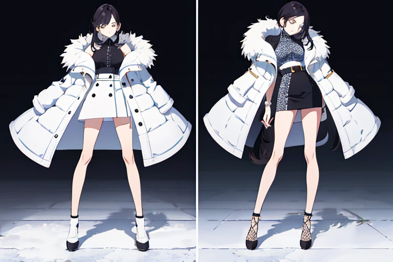 (((Best Quality))) , ((full body)), female, multiple views, white background, variety of hairstyles, variety of fashion styles, seductive pose, fashionable and trendy atmosphere, winter outfits,