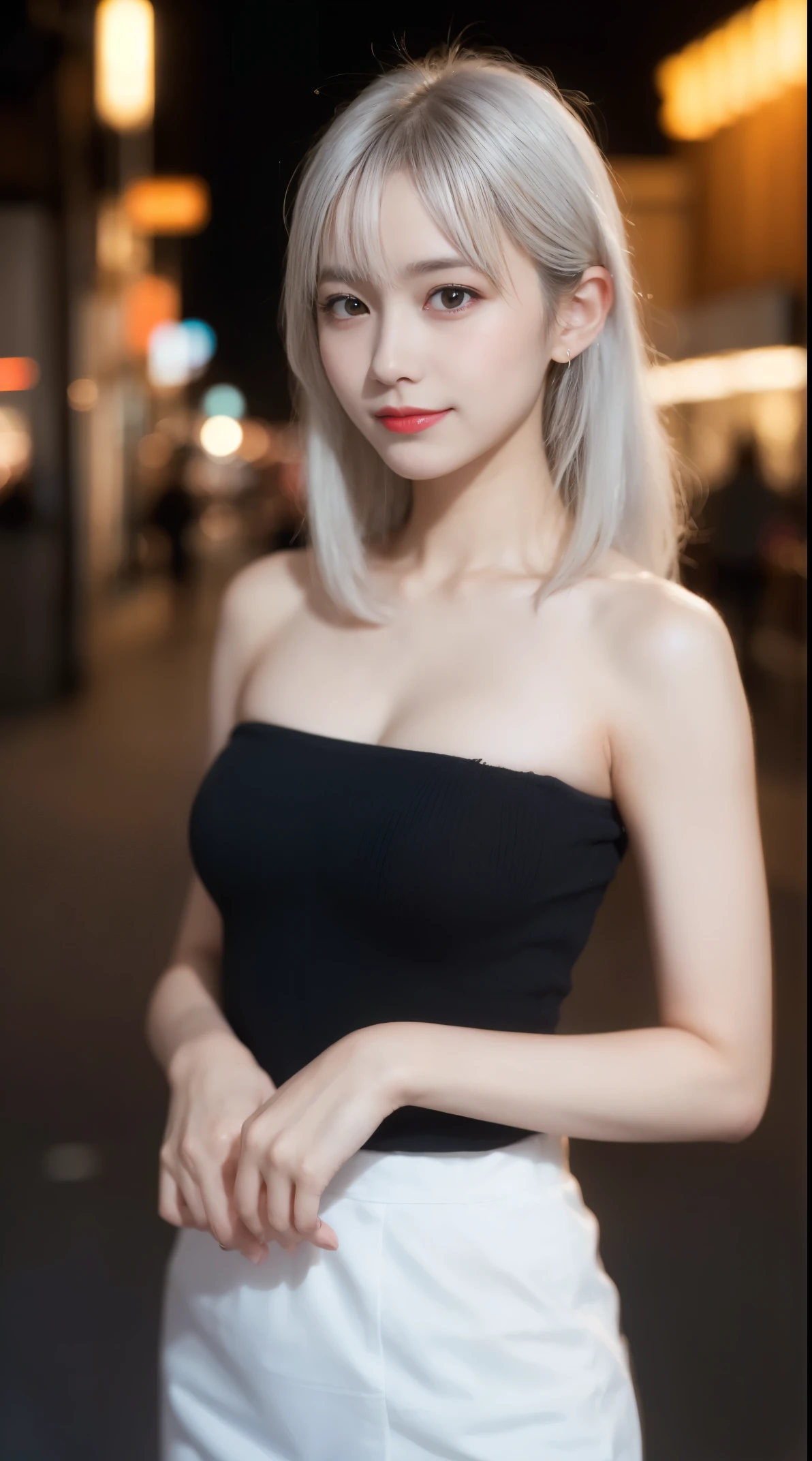 randome pose, mix4, (8K, Raw photography, top-quality, masterpiece: 1.45), (realisitic, Photorealsitic: 1.37), 一人のgirl with, cute little, A smile、Cityscape, natta, profetional lighting, cafes,Street,photon maping, Radio City, physically-based renderingt, Gradient black hair, white hair, Semi-long loose hair,gals,a handsome, girl with, large full breasts,off shoulders, Tight clothes,Onepiece,Tight skirt,top-qualityの, hight resolution, 1080p, (clearface), (Detailed face description), (Detailed hand description), (masterpiece), 逼真, extreme light and shadows, dishevled hair, masterpiece, lush detail, (Fine facial features), (Highest Quality Photos), (masterpiece), (finely eye), dual、Look in front of you, Fine clavicle,Emphasis on the armpits、Show lower milk