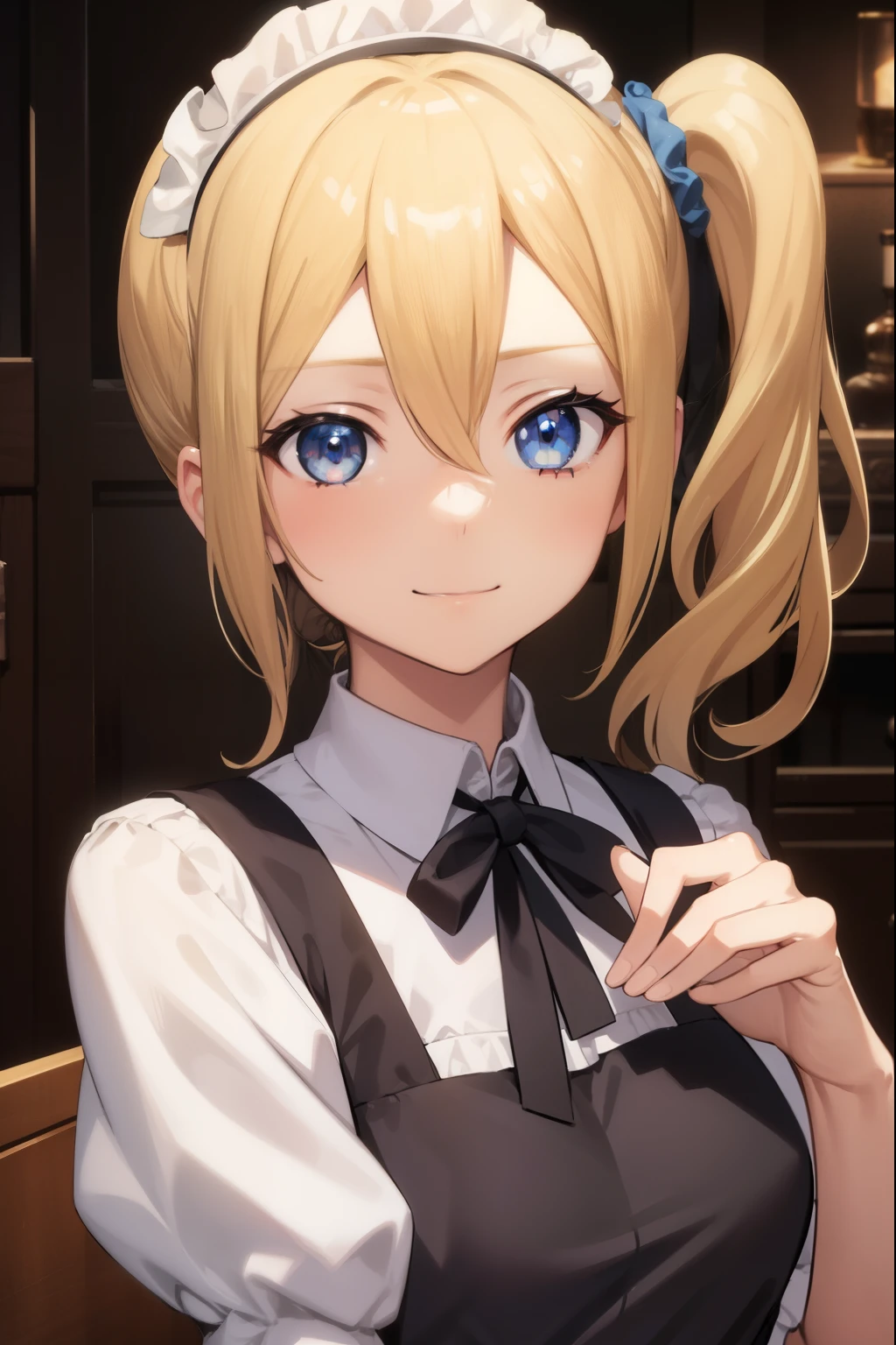 Aihayasaka, Ai Hayasaka, Blonde hair, Blue eyes, blue Scrunchie, hair between eye, hair Scrunchie, Long hair, Scrunchie, Side Ponytail, side locks,
(maid clothes:1.3), (White Brim)
BREAK looking at viewer, 
BREAK indoors, mansion background,
BREAK (masutepiece:1.2), Best Quality, High resolution, Unity 8k壁纸, (Illustration:0.8), (Beautiful detailed eyes:1.6), extra detailed face, Perfect Lighting, extremely details CG, (Perfect hands, Perfect Anatomy), portrait, The best smile