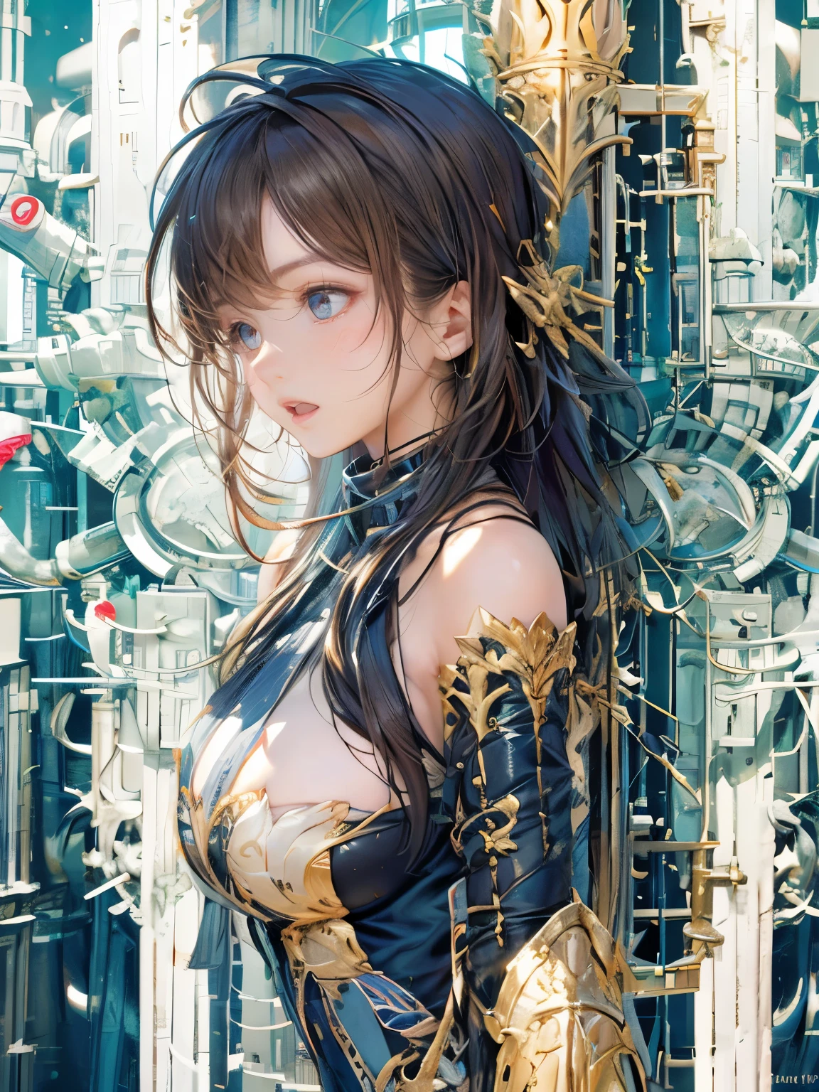 looking away, aerial angle, (mechanical, complex body), ((huge god's weapon has female face's outline embedded)), drooping eyes, blush, sleepy, open mouth,