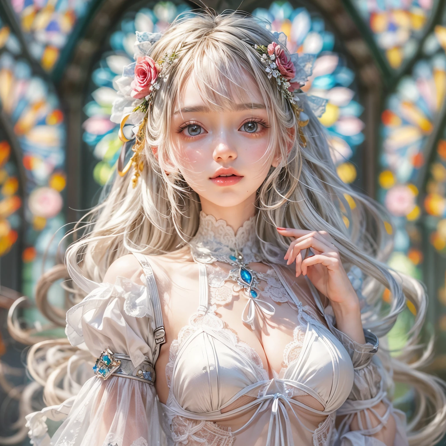 (SFW, Exposed:1.2), concept art, Tiny junior idol, Delicate lace knitted white clothes, (nipple:-0.9), (face closeup, (Dazzling stained glass Background)), (((Renbutsu Misako), vivid colorful Light shines through delicate stained glass:1.35, Dazzling Halo, Acutance:0.8)), {vivid red |Mystic sight | haze | lense Particle | lens flare | light Particle}. (masterpiece:1.2),(ultra-detailed:1.37),((realistic,photorealistic,photo-realistic:1.37)), (Extremely detailed KAWAII face variations, innocent expression variations), {rosy cheeks | intricate detailed eyes with sparkling highlights | long eyelashes with volume | subtle blush on the face}. impeccable skin texture, captivating gaze, ((Dynamic-angle, physically-based rendering)), whole Body proportions and all limbs are anatomically accurate . full of flowers covering girl's body .