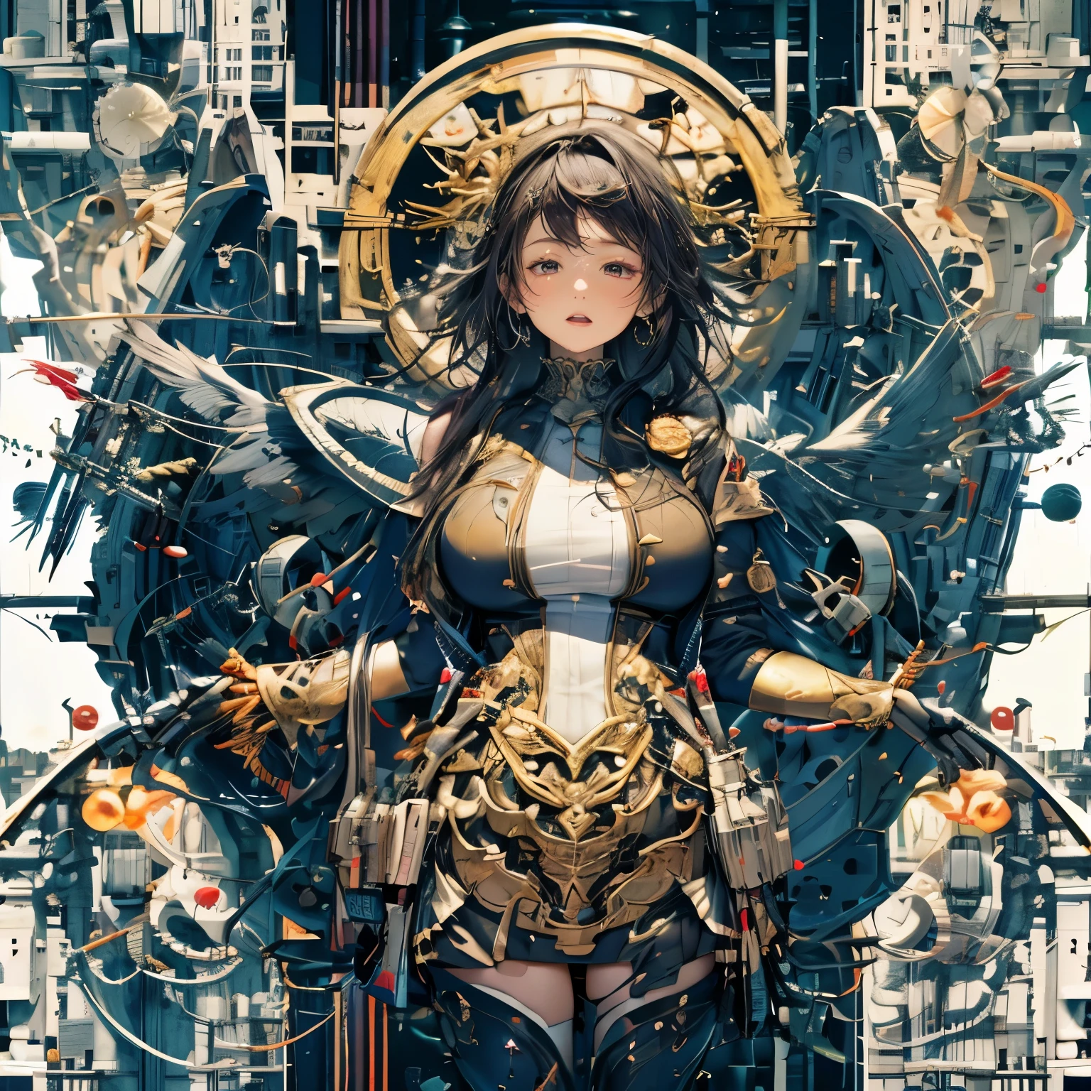 looking away, aerial angle, (mechanical, complex body), ((huge god's weapon has female face's outline embedded)), drooping eyes, blush, sleepy, open mouth,