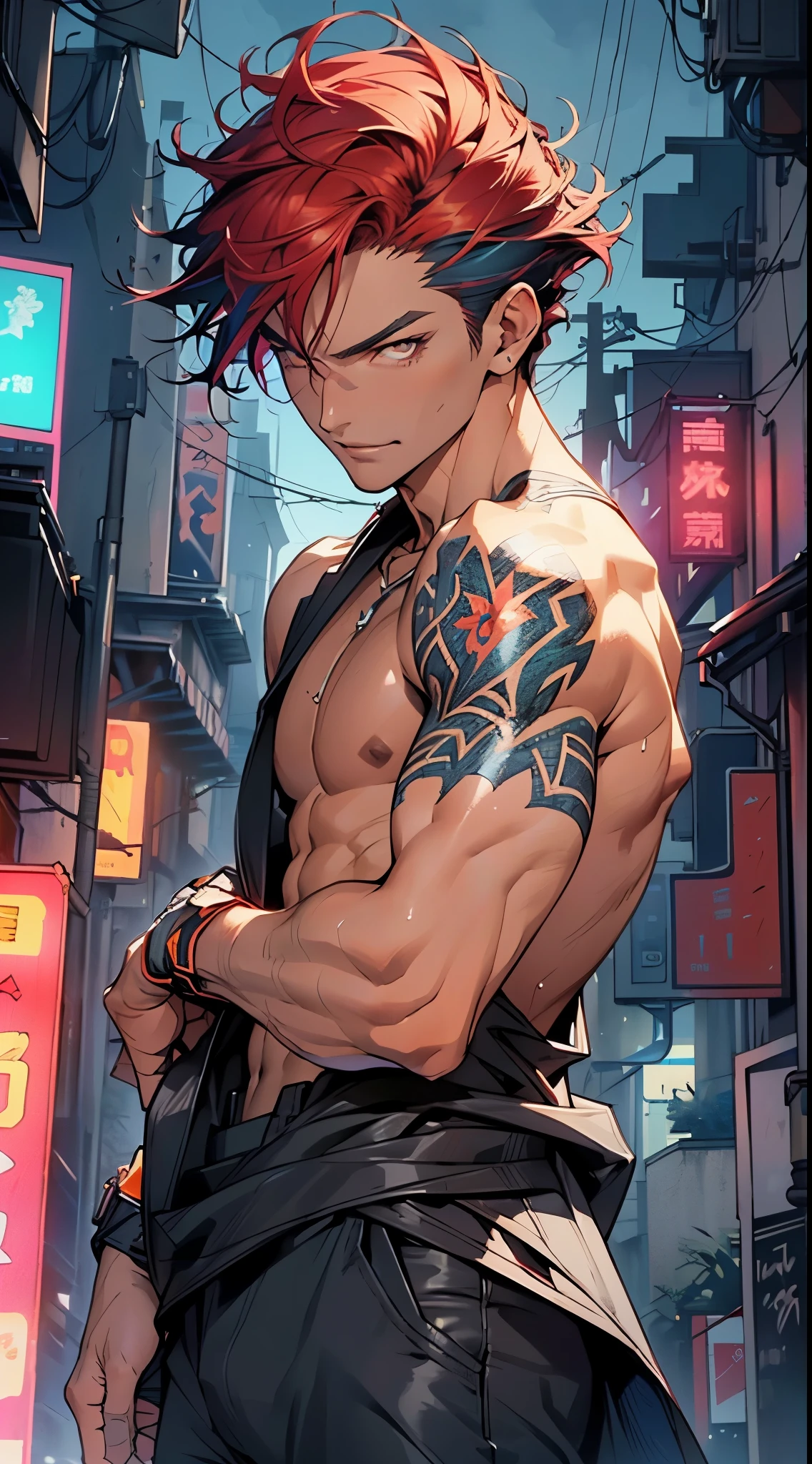 man:1.5,1 man,thief man,(((1man))),((man with stylish short hair)),
(((1male,man:1.5,handsome man,male,male gender:1.5,male focus))),macho man,
((short red hair,detailed hair,highly detailed hair,red hair,dyed interior hair,colored inner hair)),(((lustrous skin:1.5,tanned skin,bright skin: 1.5,skin tanned,shiny skin,very shiny skin,shiny body,illuminated skin))),(((orange_eyes:1.2))),intricate eyes,beautiful detailed eyes,symmetrical eyes,((man chest)),handsome face,((muscular)),(((detailed face))),
alluring look,nsfw,
(((bare chest))),elegant white pants,((bulge in pants)),((elegant thief outfit)),(wearing a elegant thief outfit:1.3,thief clothes),((wet clothes,intricate outfit,intricate clothes)),
(dynamic pose:1.0),solo focus,((evil smile,evil look)),(centered,scale to fit dimensions,Rule of thirds),
cyberpunk city by the ocean at night, with bright neon signs and dark stormy clouds and puddles, scenery:1.25,nighttime, starry night, cosmos,Very dark night that makes the neon lights stand out, very bright neon lights,nighttime, starry night, cosmos,
highres, sharp focus, (ultra detailed, extremely detailed), (photorealistic artwork:1.37),(extremely detailed CG unity 8k wallpaper),((synthwave background theme)),(((vibrant colors))),(intricate background),(masterpiece),(best quality),