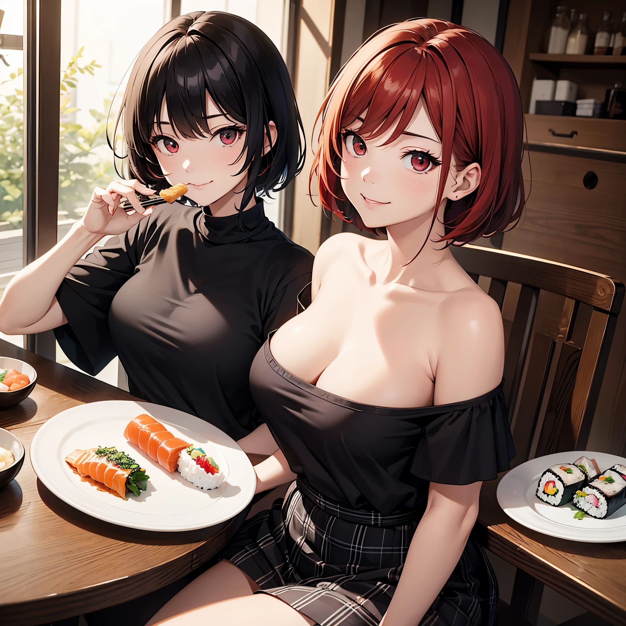 SOLO woman, middle age woman, alone, perfect anatomy, attractive, wearing black off shoulder top, plaid skirt, symmetrical face, smirk, (perfect face) , short red hair, rendered eyes, detailed eyes, large red eyes, sitting , legs going under table (chabudai), simple pose, eating sushi, Alone, 2 plates, chopstick in hand, food on Chabudai, Japanese house, simple background, 8K, perferct quality ,masterpiece, high quality, very high resolution