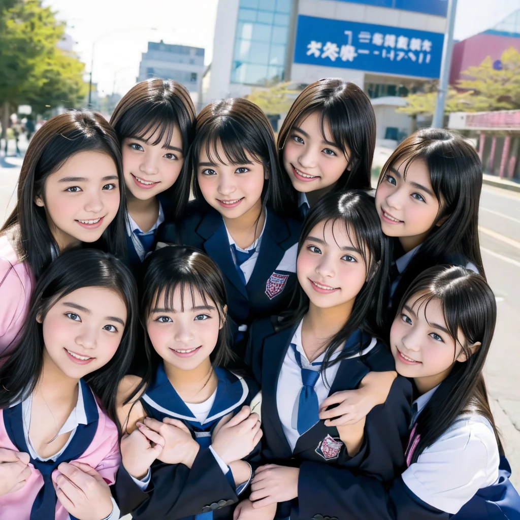 absurdres, Raw photo、(((multiple girls))),((((6+girls)))),((((1000girls)))),(((10000girls)))、((((100000 girls))))、Women only、The same face、((matching school uniform))、(((many girls clinging to each other)))、************、Long black hair、10,000 cute girls going to school、a smile、Commuting to school、School route、In the street、selfee、same person、(((Lots of girls filling the area)))、(((Many girls fill the city)))、a junior high school student