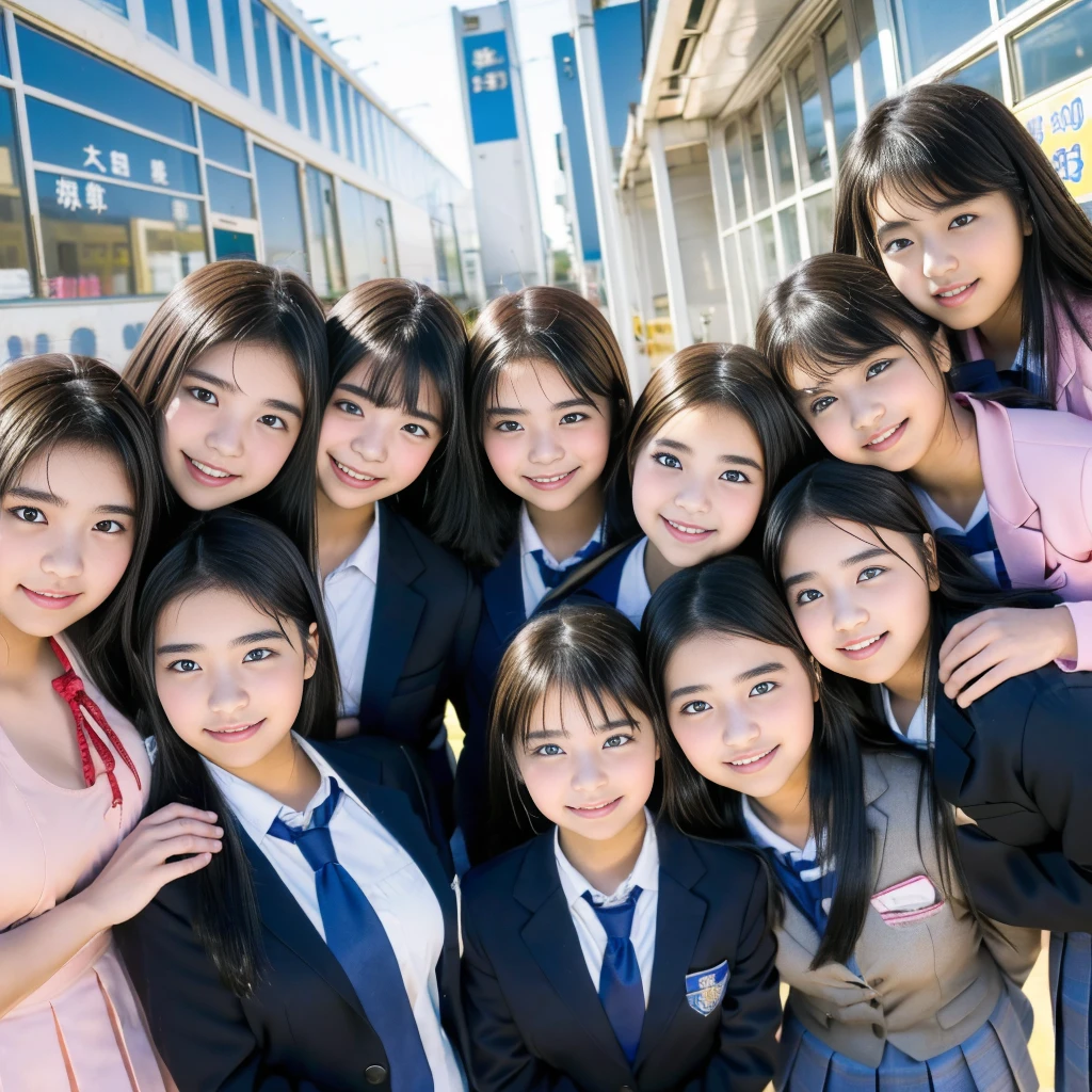 absurdres, Raw photo、(((multiple girls))),((((6+girls)))),((((1000girls)))),(((10000girls)))、((((100000 girls))))、Women only、The same face、((matching school uniform))、(((many girls clinging to each other)))、12 years old、Long black hair、10,000 cute girls going to school、a smile、Commuting to school、School route、In the street、selfee、same person、(((Lots of girls filling the area)))、(((Many girls fill the city)))、a junior high school student