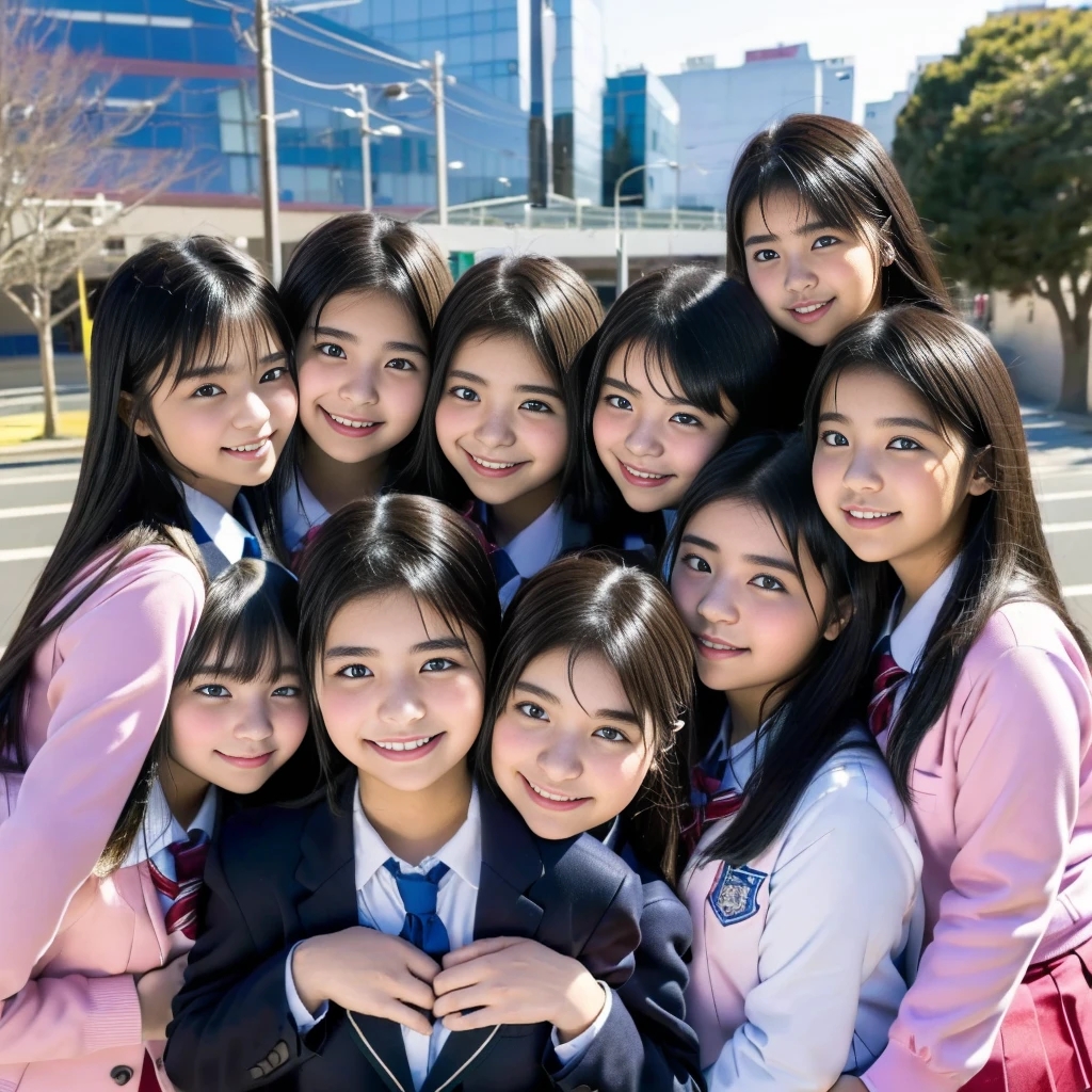 absurdres, Raw photo、(((multiple girls))),((((6+girls)))),((((1000girls)))),(((10000girls)))、((((100000 girls))))、Women only、The same face、((matching school uniform))、(((many girls clinging to each other)))、************、Long black hair、10,000 cute girls going to school、a smile、Commuting to school、School route、In the street、selfee、same person、(((Lots of girls filling the area)))、(((Many girls fill the city)))、a junior high school student