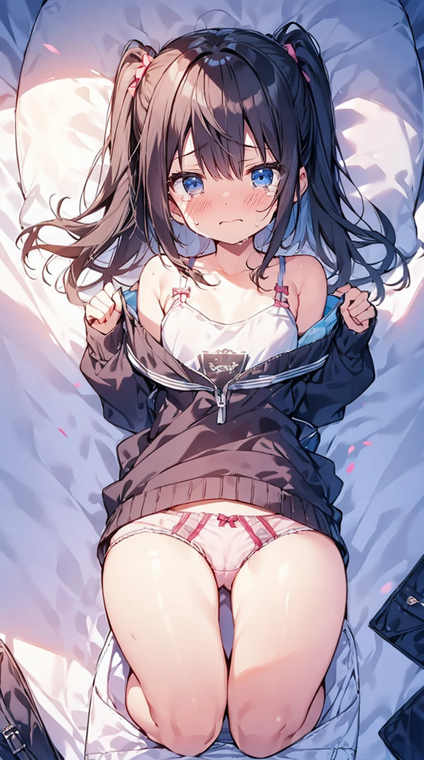 masutepiece, Best Quality,Illustration, Wallpaper, Ultra Detail, Little Face Lori、((fear:1.5))、(Teary-eyed:1.5)、(((Cute underwear)))、She makes me lie down and spread my legs.