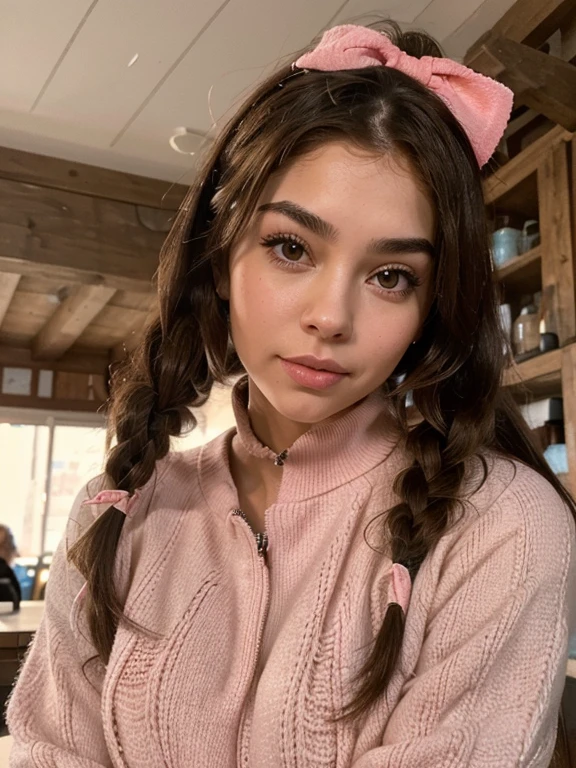 the entire body from head to toe is recommended. And a woman with brown hair in a ski station on the snow ,:: ,:: madison beer, streaming, pigtail, photorealistic - h 6 4 0, 🎀 🧟 🍓 🧚, see, live2d, looks like laura barriales, —ar 16:9, sam nassour, 5 0 s, insanely cute, in france, straight eyebrows, red pull over.