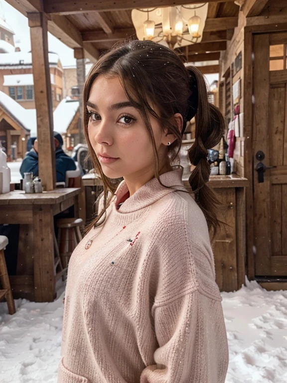 the entire body from head to toe is recommended. And a woman with brown hair in a ski station on the snow ,:: ,:: madison beer, streaming, pigtail, photorealistic - h 6 4 0, 🎀 🧟 🍓 🧚, see, live2d, looks like laura barriales, —ar 16:9, sam nassour, 5 0 s, insanely cute, in france, straight eyebrows, red pull over.