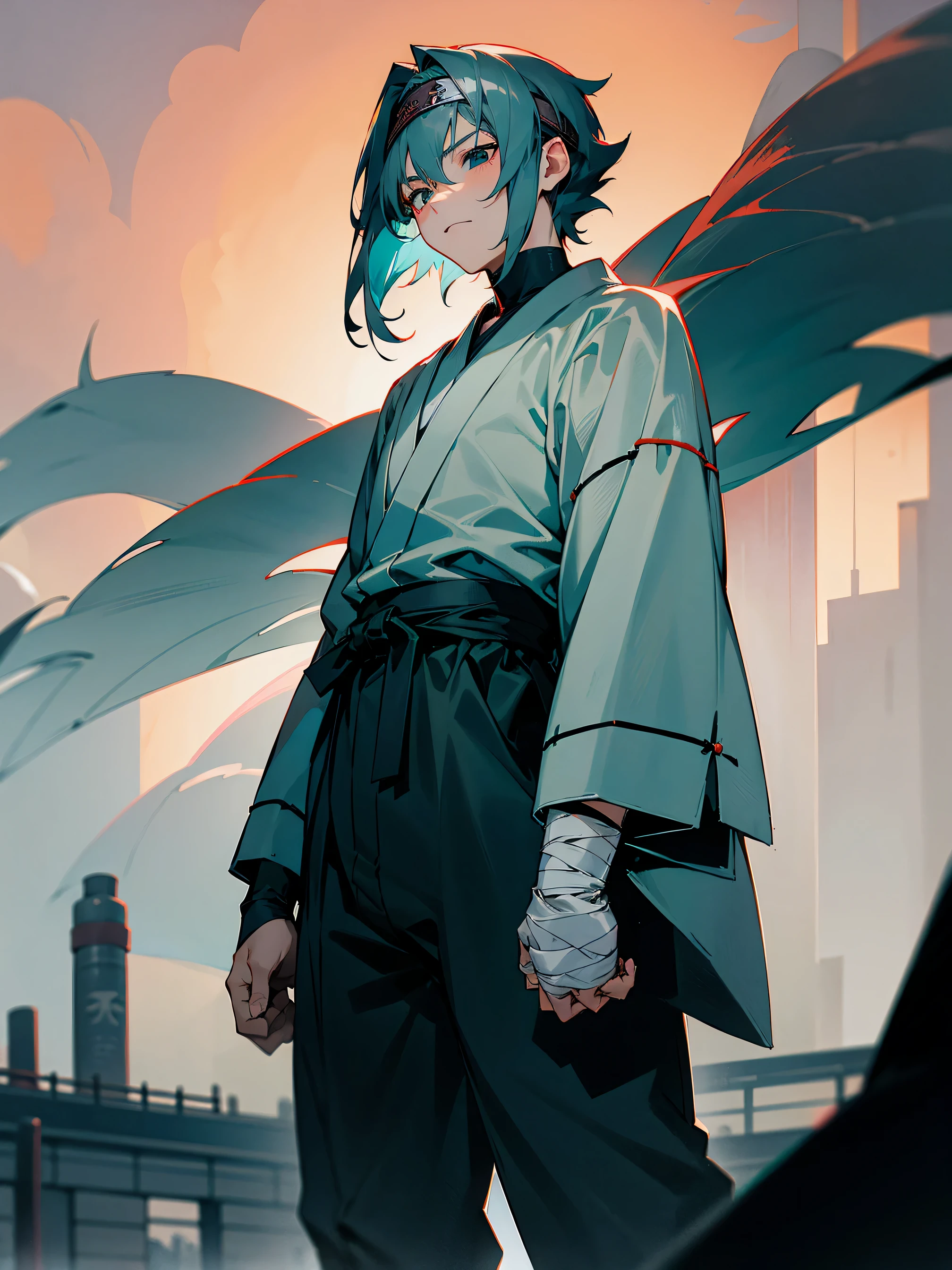 1male, medium length hair, Sasuke Hair, smoky grey hair, headband, heterochromia, red eye, black eye, teal yukata, black baggy pants, bandages on arms, muscular, sadistic expression, standing on path, japanese city, tokyo, masterpiece quality, perfect lighting