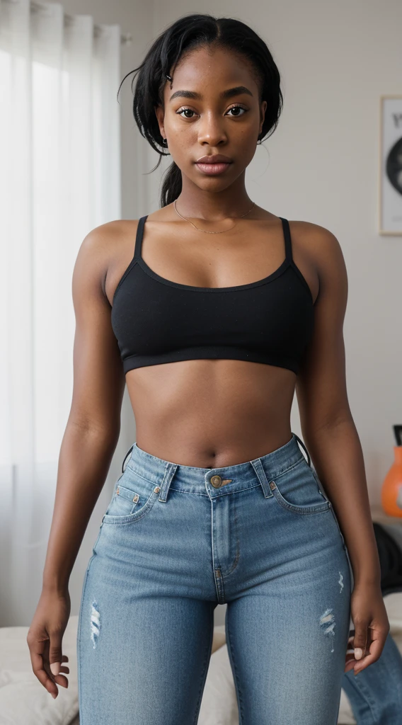 there is a woman with a pink shirt and black jeans, this person does not exist, mixed-race, black, latina, african, dominican, indian, light-brown skin, aida muluneh-aaliyah-nesta cooper-samantha logan-zazie beetz-ella ballinska-madeleine mantock-linnea berthelsen-kylie bunbury-aliko dangote-shar jackson-halle berry-jaz sinclair-amita suman merged, entire body visible, full body, hyperrealistic, real human skin, best quality, 8K, masterpiece, extremely intricate, detailed eyes, detailed face, detailed body, exaggerated features, pronounced features, fujifilm
