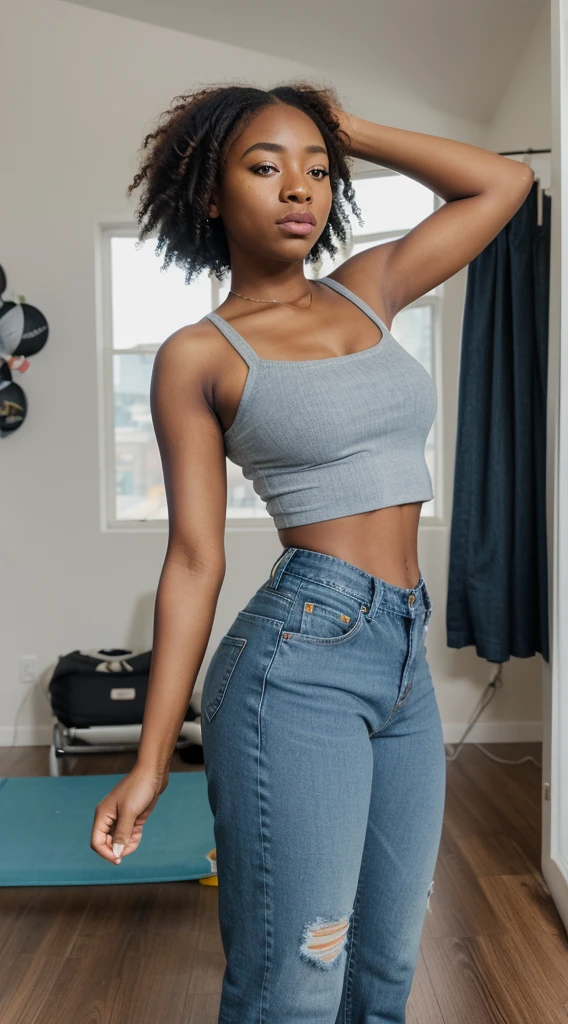 ((armpit pose)), masterpiece, Top image quality, hight resolution, 独奏, Sleeveless uniforms on land, track and field athlete, high-ponytail Hairstyle, Locker Room, dress room, large udder, cleavage of the breast, Full body, A smile, A slight smile, Black skin, glowy skin, Glossy armpits, Tecateca armpits, Black girl, red lipsticks, Athletics Stadium Locker Room, 独奏, Longitudinal navel, Navel is visible, (((Wearing jeans)))