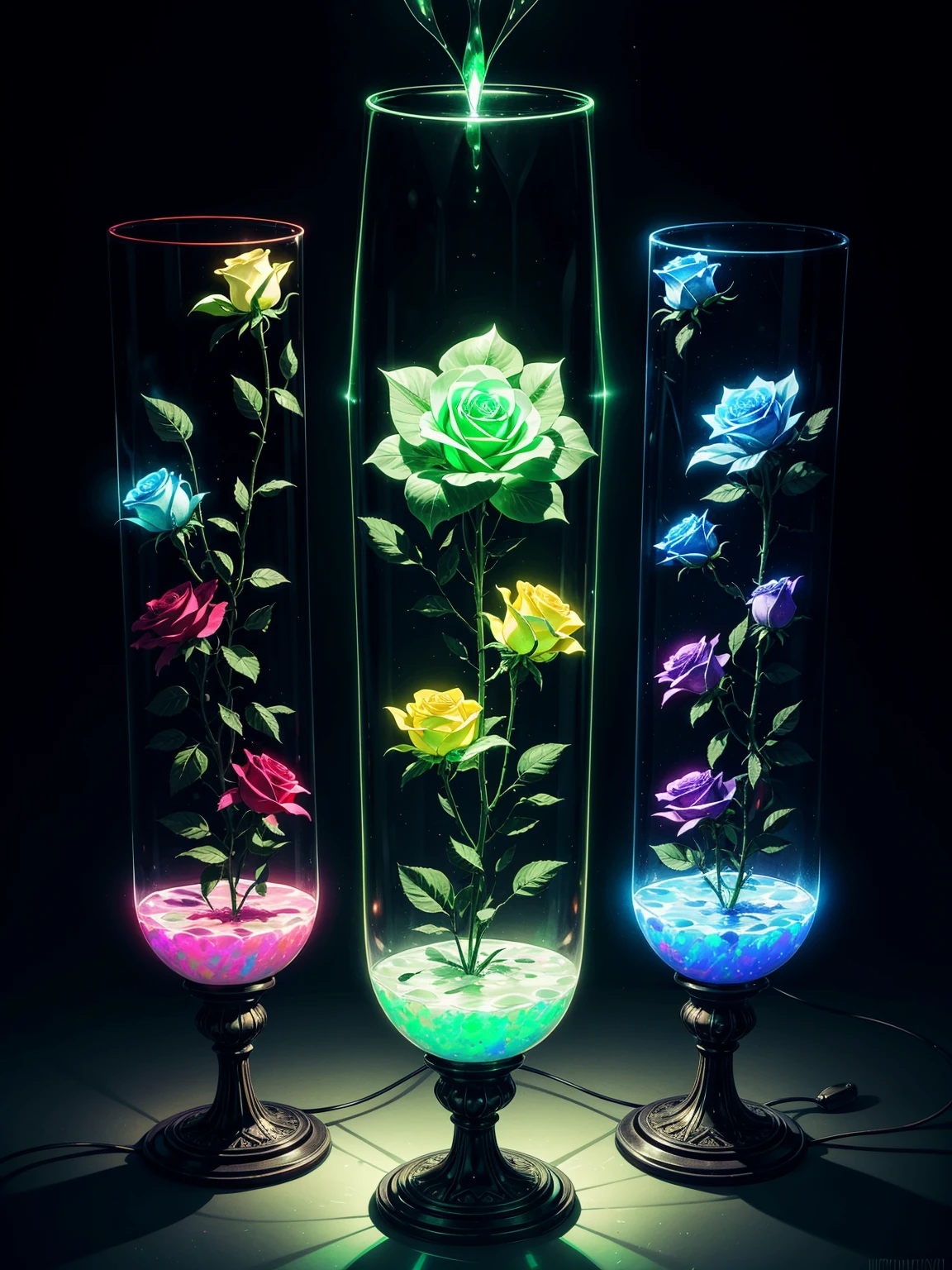 there are three vases that are glowing green in the dark, iridescent glass, made of glowing wax and ceramic, psychedelic photoluminescent, opal statues, iridescent venetian blown glass, glowing potions, with glow on some of its parts, glowing imperial motifs, glows, eerie glow, translucent roses ornate, glow in dark, glowing details