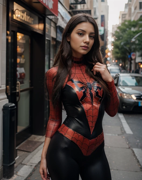 Beautiful woman, brunette with long hair, wearing Spiderman sexy costume, 8k, realistic photo,