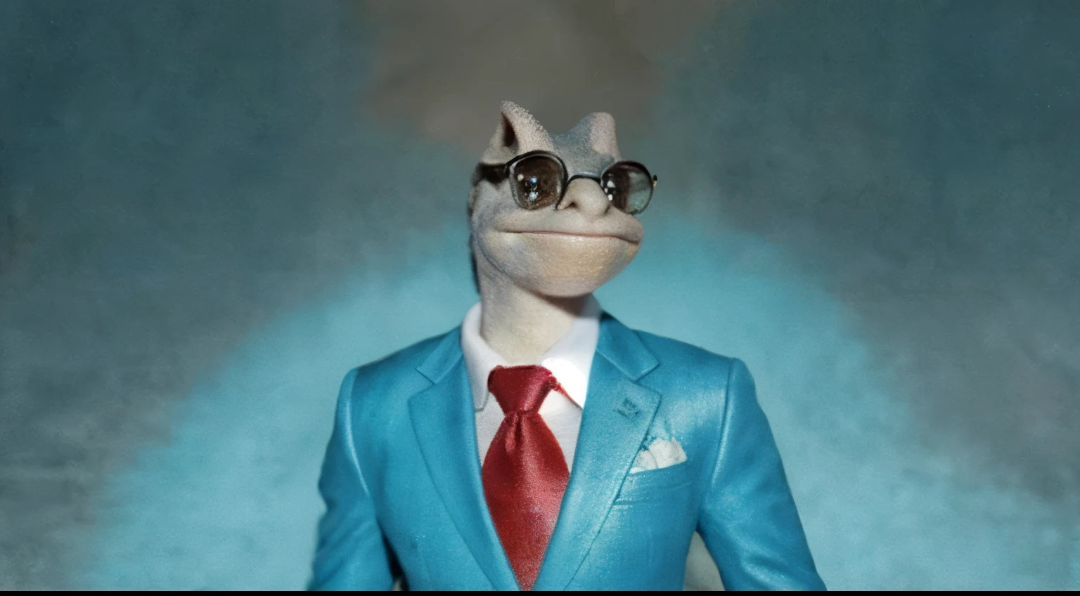 "Produce a Pixar-style illustration of a lizard, especificamente de um lagarto azul. O animal deve estar vestido com um elegante terno preto com detalhes em azul, wearing a red tie and glasses. Emphasize the cartoonish aesthetic characteristic of Pixar animations and be sure to portray the animal with a happy, expressive smile."