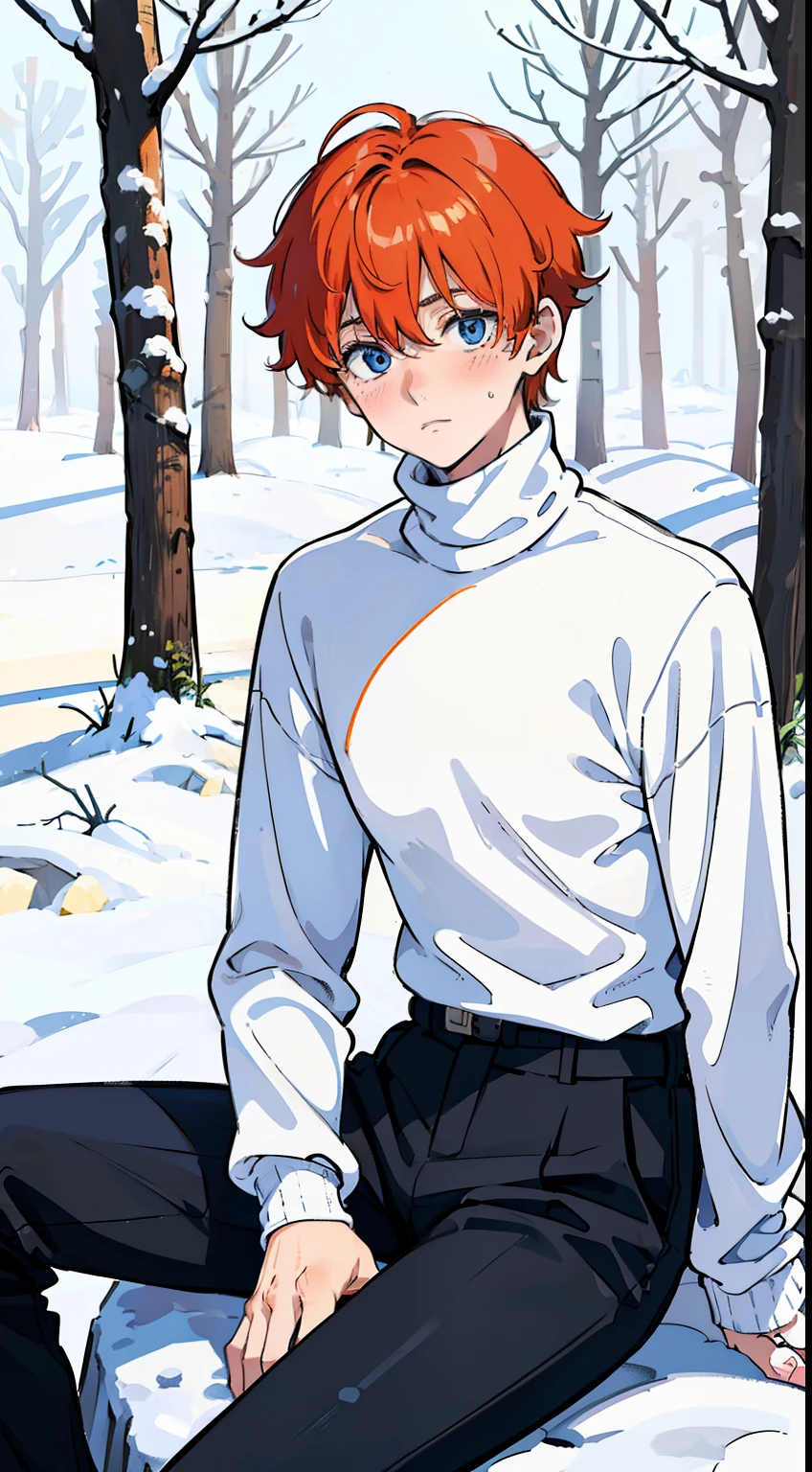 (1boy,teen,18 years old), orange hair, blue eyes,(black pants),(((white sweater,turtleneck))),(sitting in snow,in a forest),scared face,blush