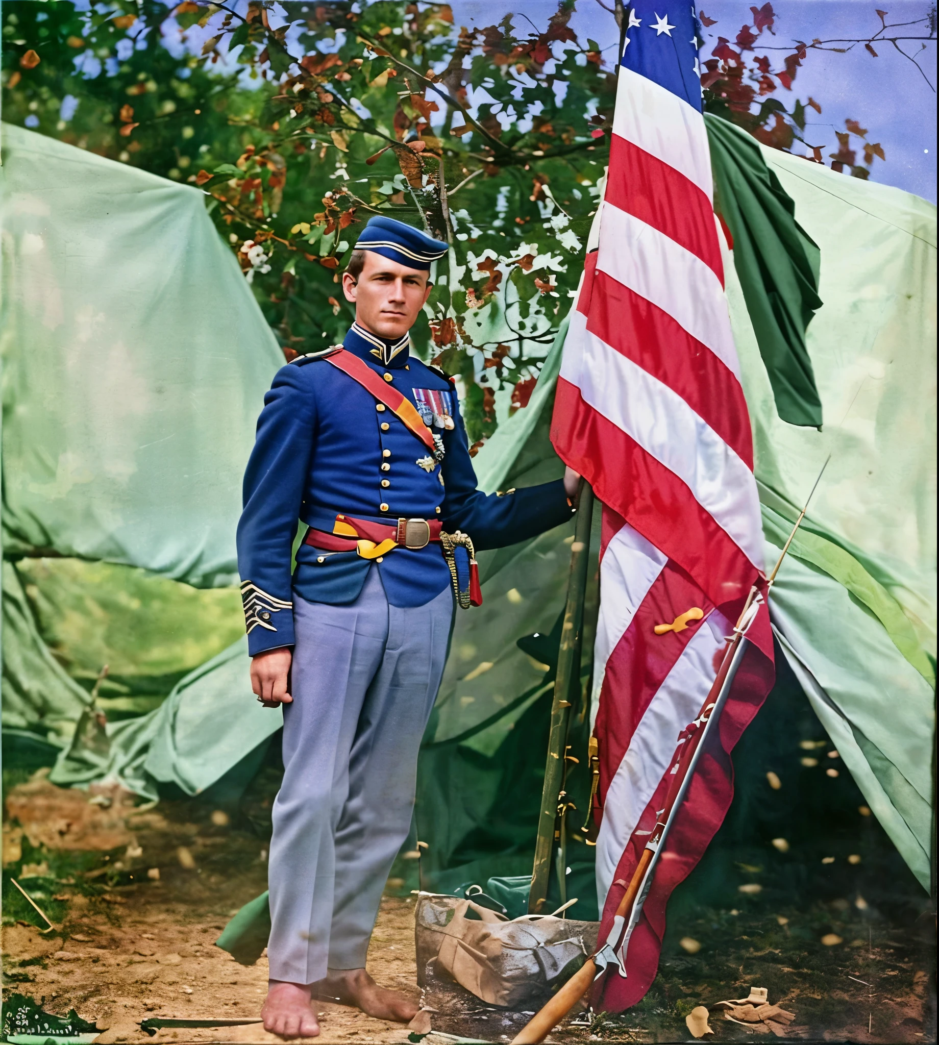 arafed soldier in uniform standing next to a flag and a tent, colorized photograph, colorized, colorized photo, award winning colorized photo, a colorized photo, decorated civil war veteran, colorized 1 9 0 4 photo, 1 8 0 0 s soldier, colorized background, colourized, restored color, photo in color, saturated colorized, colored photo