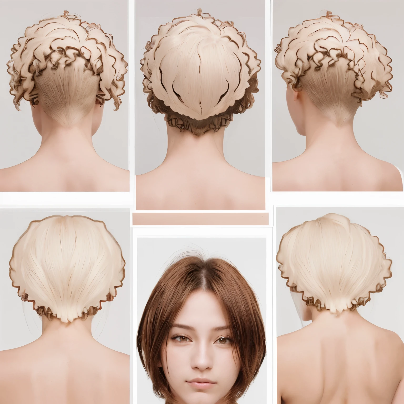 fazer modelo de cabelo cacheado estilo anime, apenas o cabelo, the model on the left is the front, the model in the middle is the back and the model on the right is the side